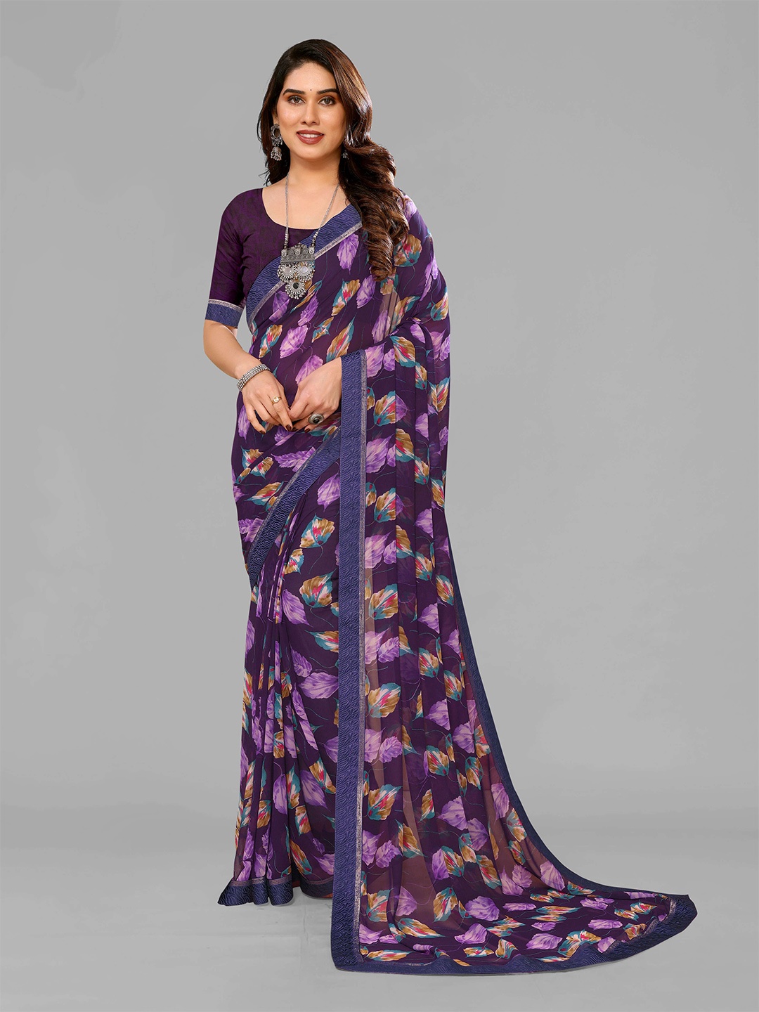 

saretramall Floral Printed Pure Georgette Saree, Lavender