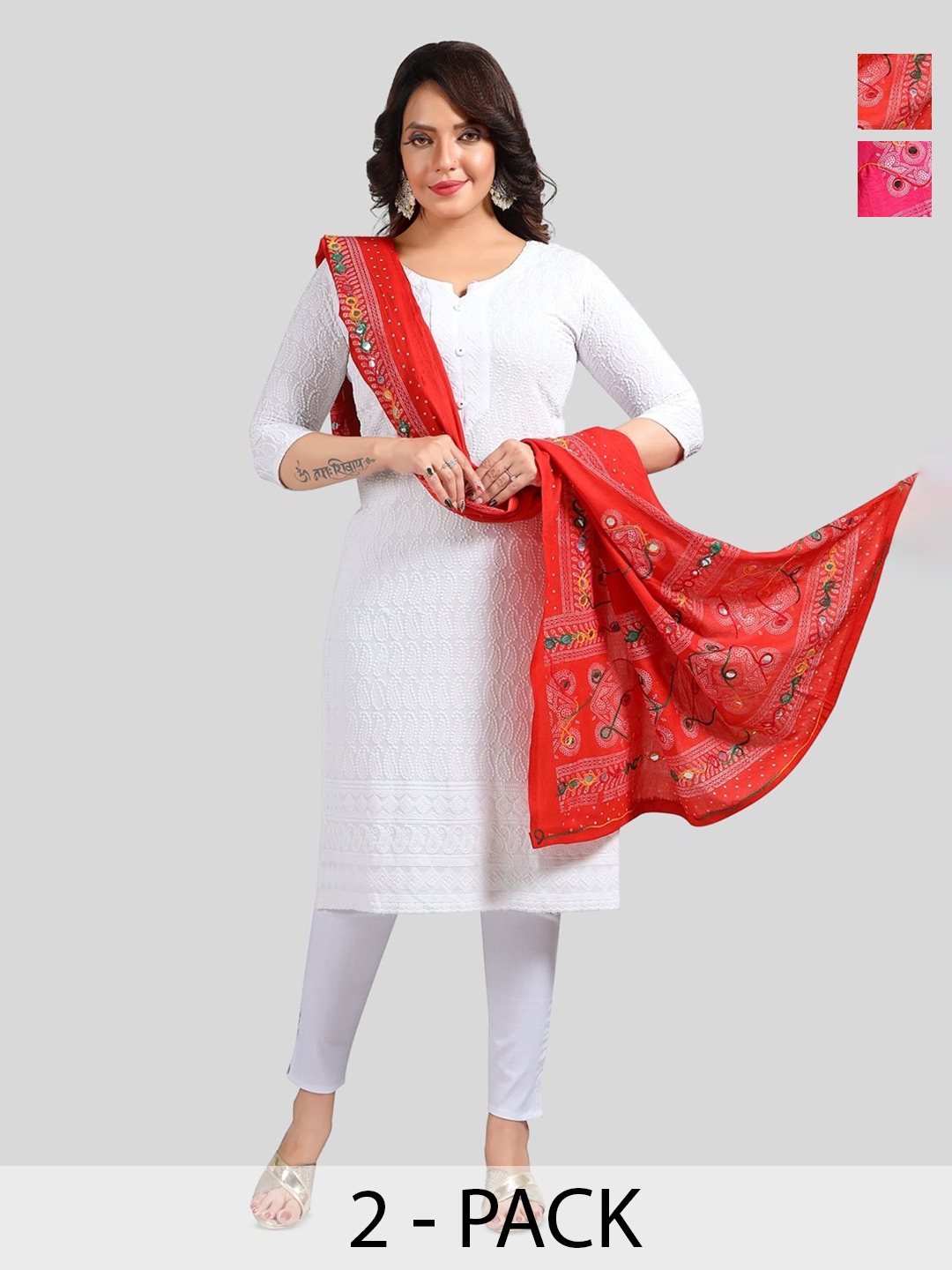 

Fabme Pack Of 2 Ethnic Motifs Embroidered Dupatta with Mirror Work, Pink