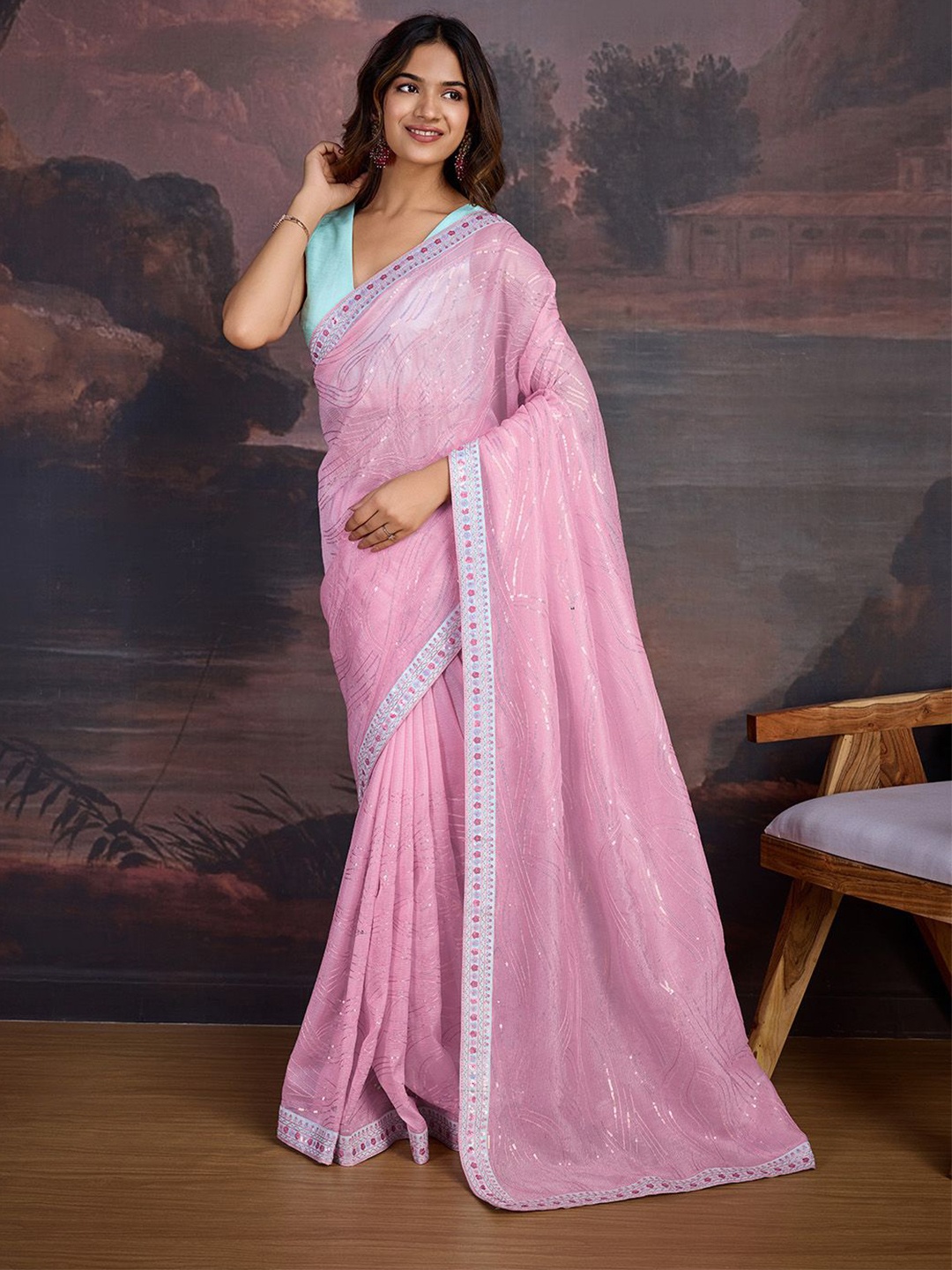 

House of Pataudi Ethnic Motifs Embroidered Sequinned Saree, Pink