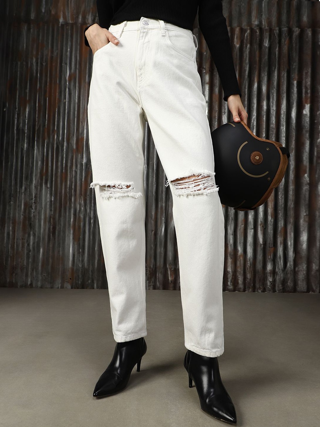 

High Star Women Mom Slim High-Rise Heavy Distress Back Elasticated Jeans, Off white