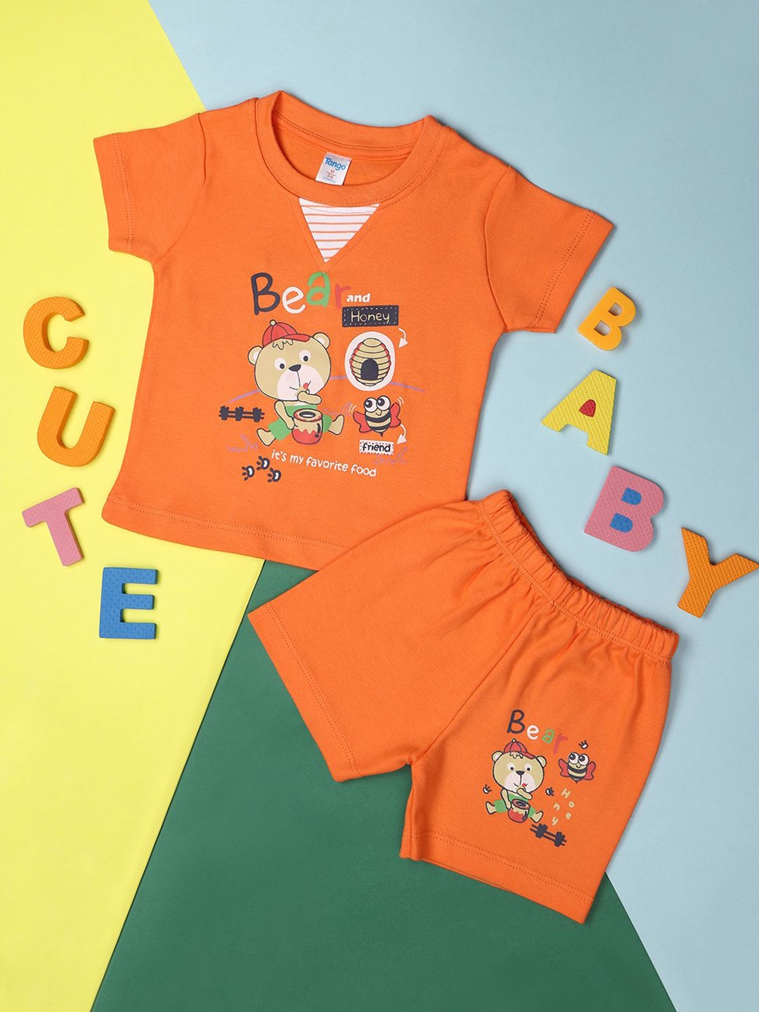 

V-Mart Boys Printed Pure Cotton T-shirt with Shorts, Orange