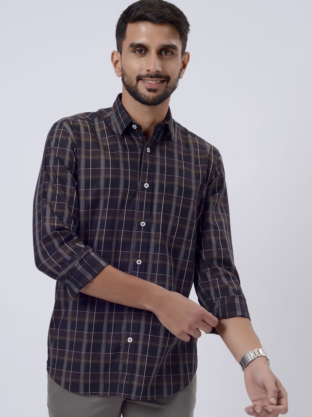 

JADE BLUE Men Spread Collar Tartan Checked Cotton Casual Shirt, Brown