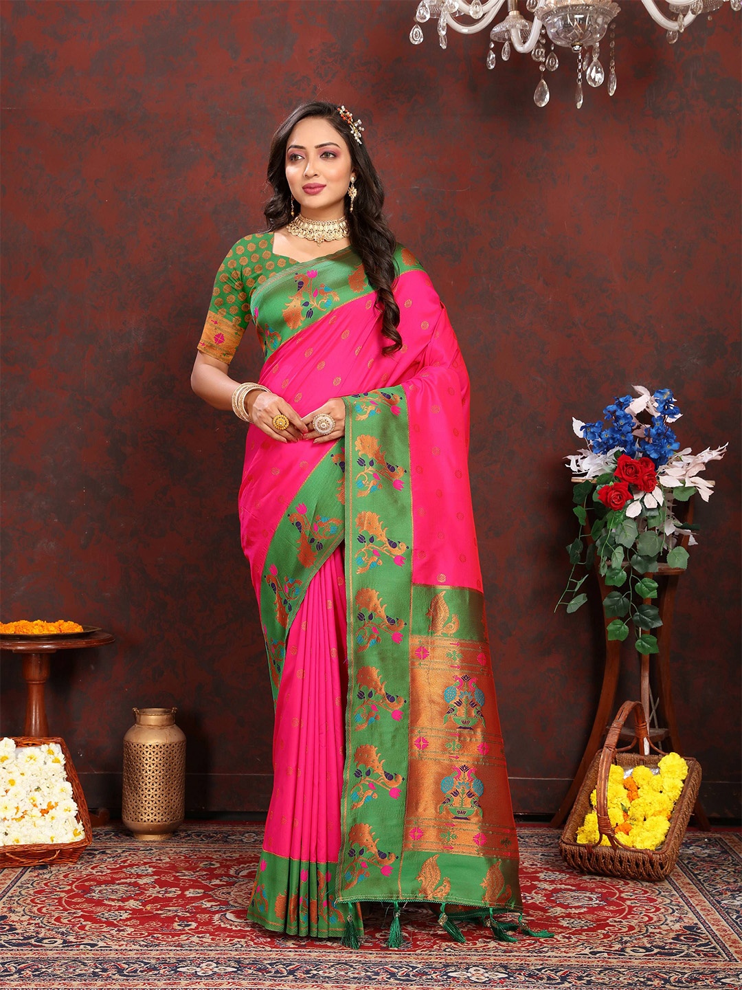 

Zeekha Woven Design Zari Pure Silk Paithani Saree, Pink