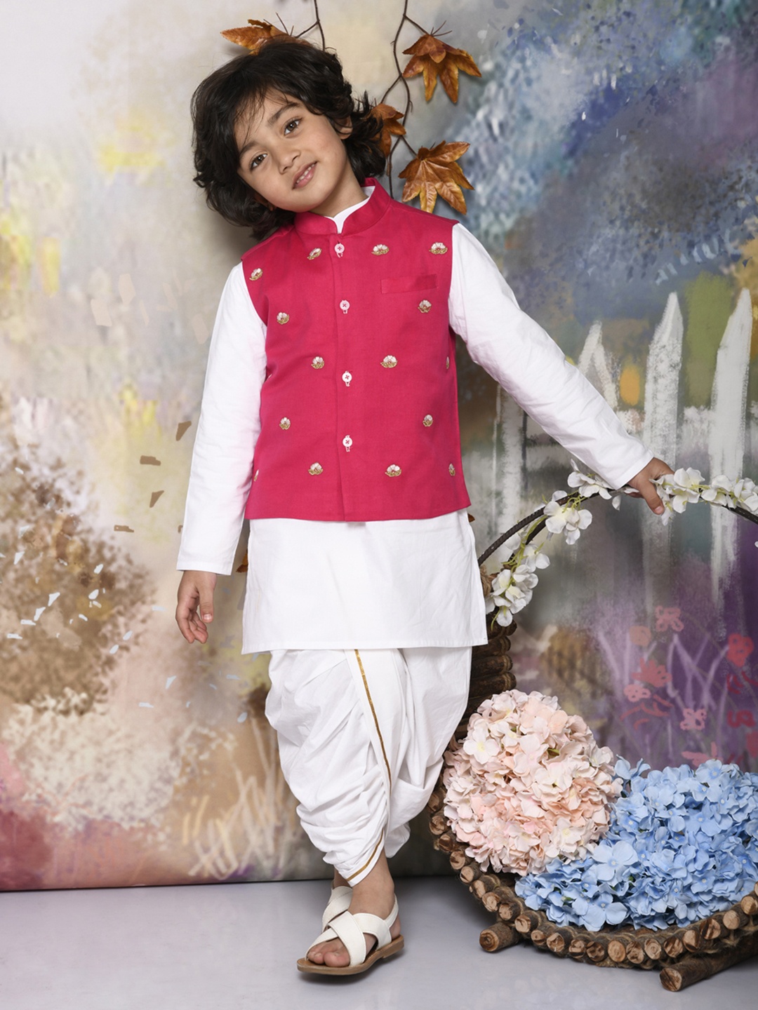 

MUDKID Boys Regular Pure Cotton Kurta with Dhoti Pants, Pink