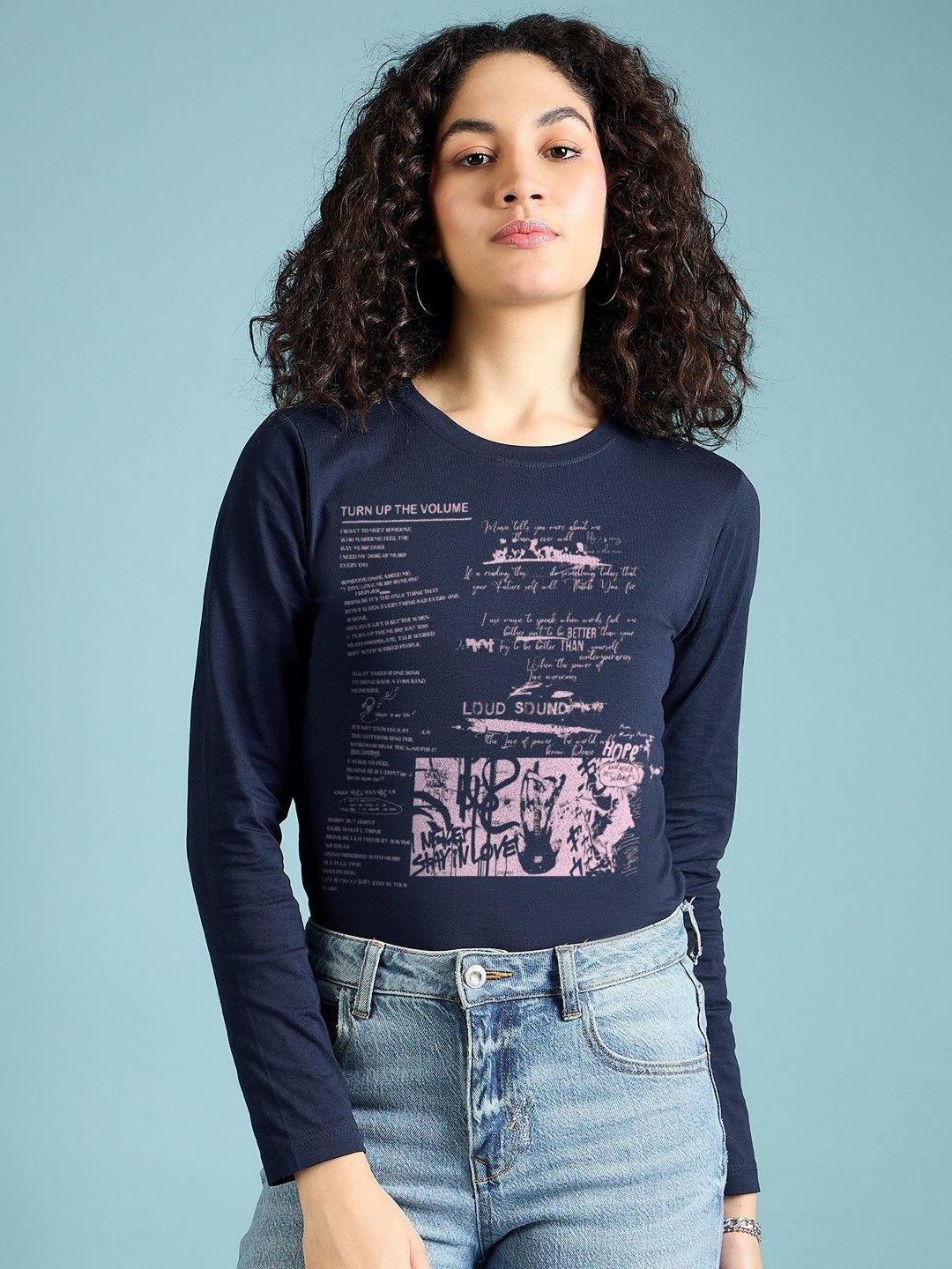 

DressBerry Women Graphic Printed Round Neck Cotton T-shirt, Navy blue