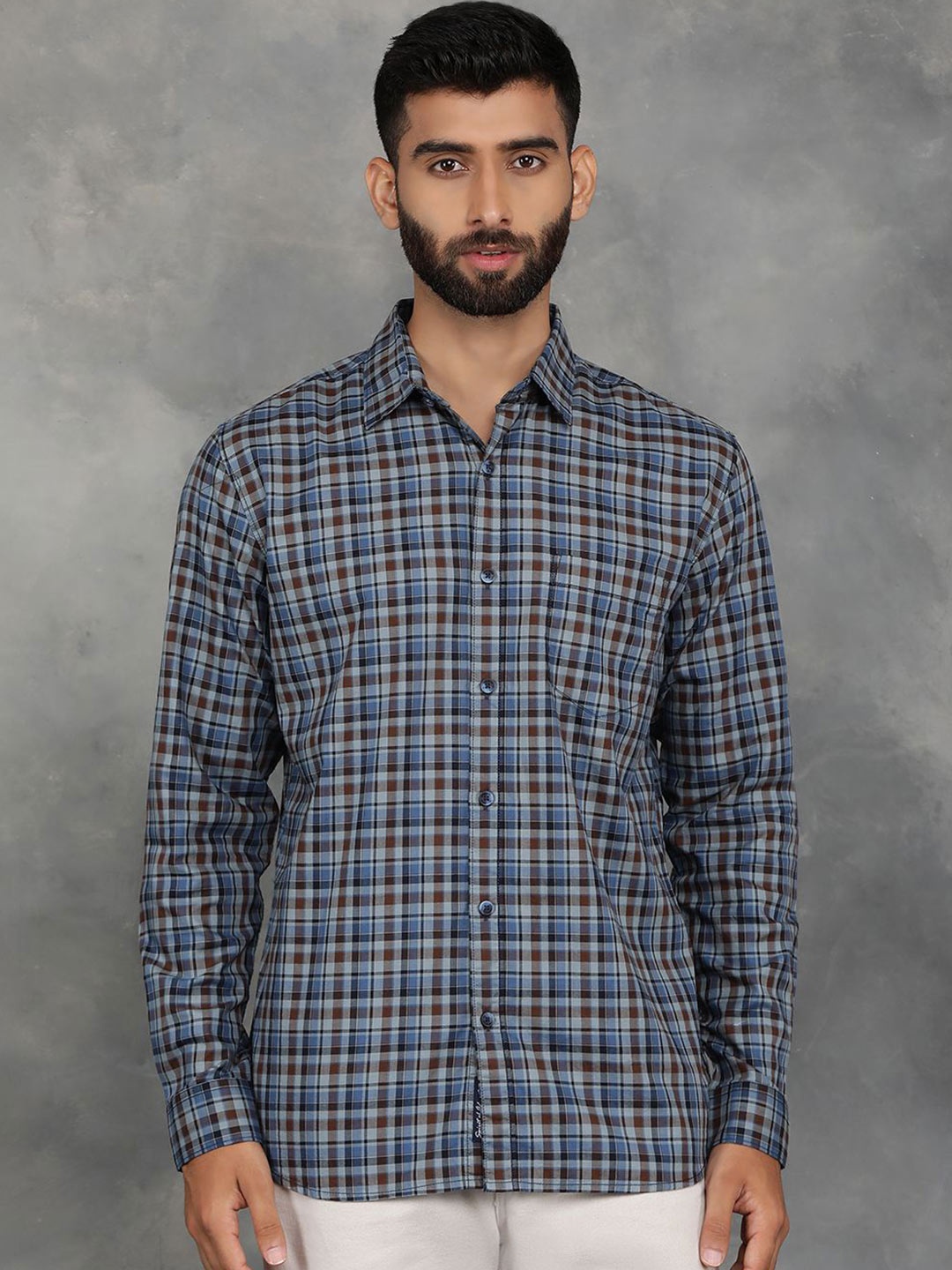 

JADE BLUE Men Spread Collar Micro Checked Cotton Slim Fit Casual Shirt