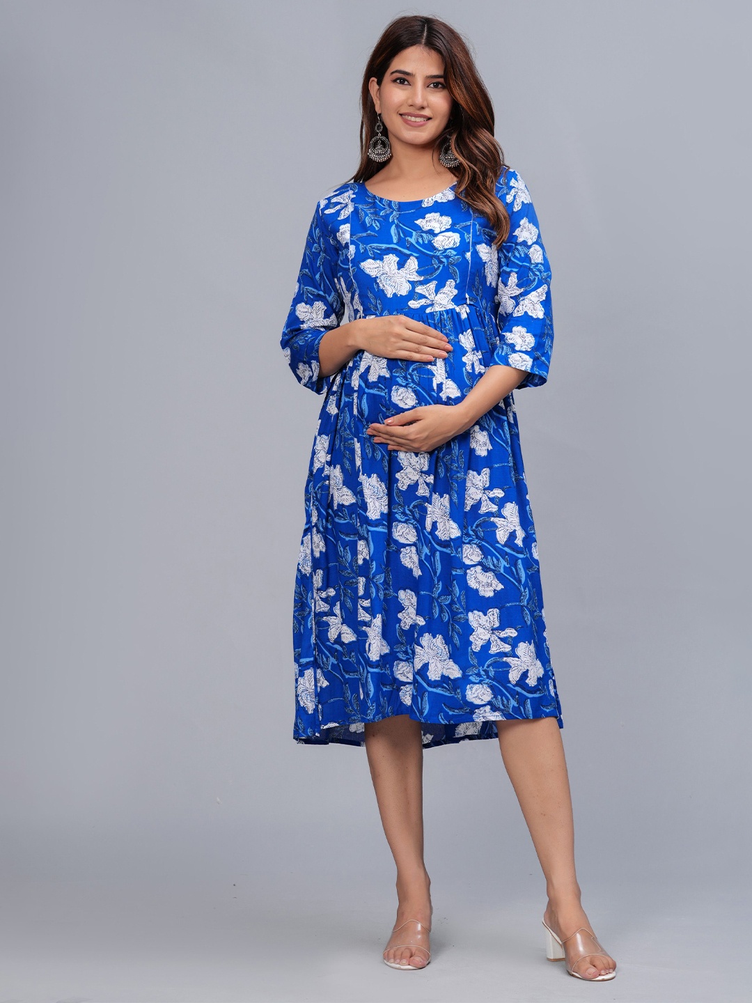 

BAESD Floral Printed Maternity Fit & Flare Dress, Blue