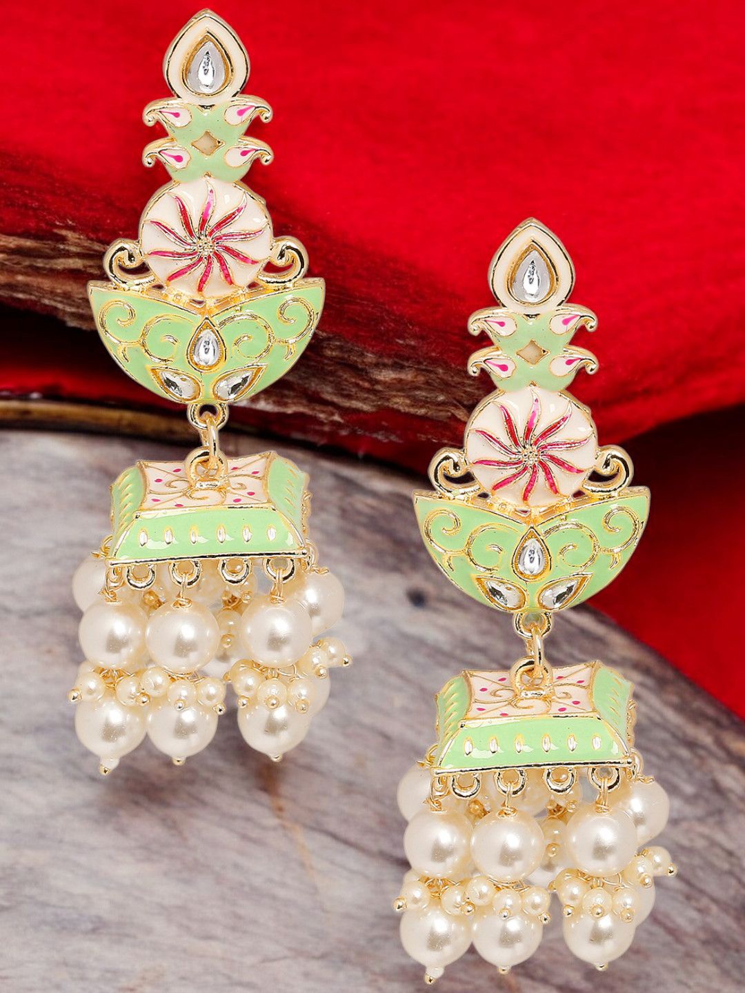 

OOMPH Kundan Studded Dome Shaped Meenakari Jhumkas, Green