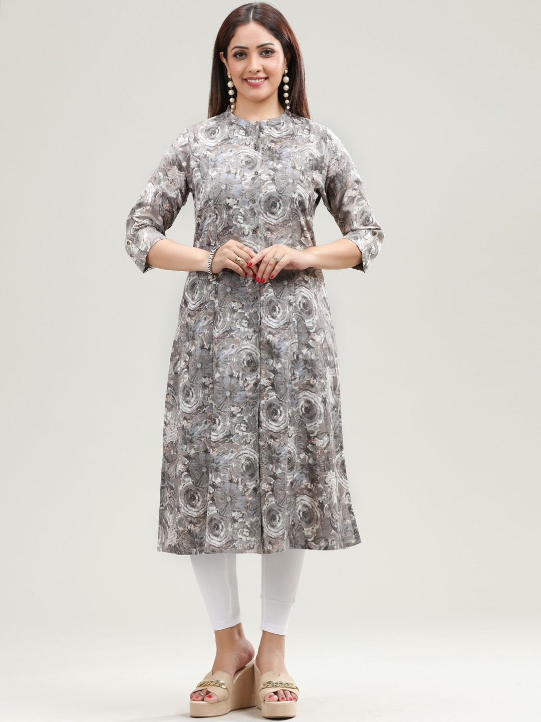 

COTTON CULTURE Floral Printed Mandarin Collar Flax Cotton A-Line Kurta, Grey