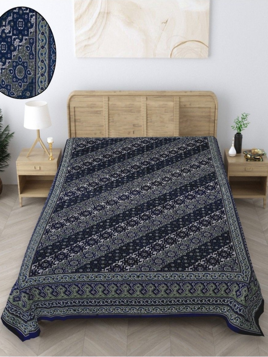

INDHOME LIFE Blue & White Ethnic Motifs Printed Pure Cotton 210 TC Single Bedsheet