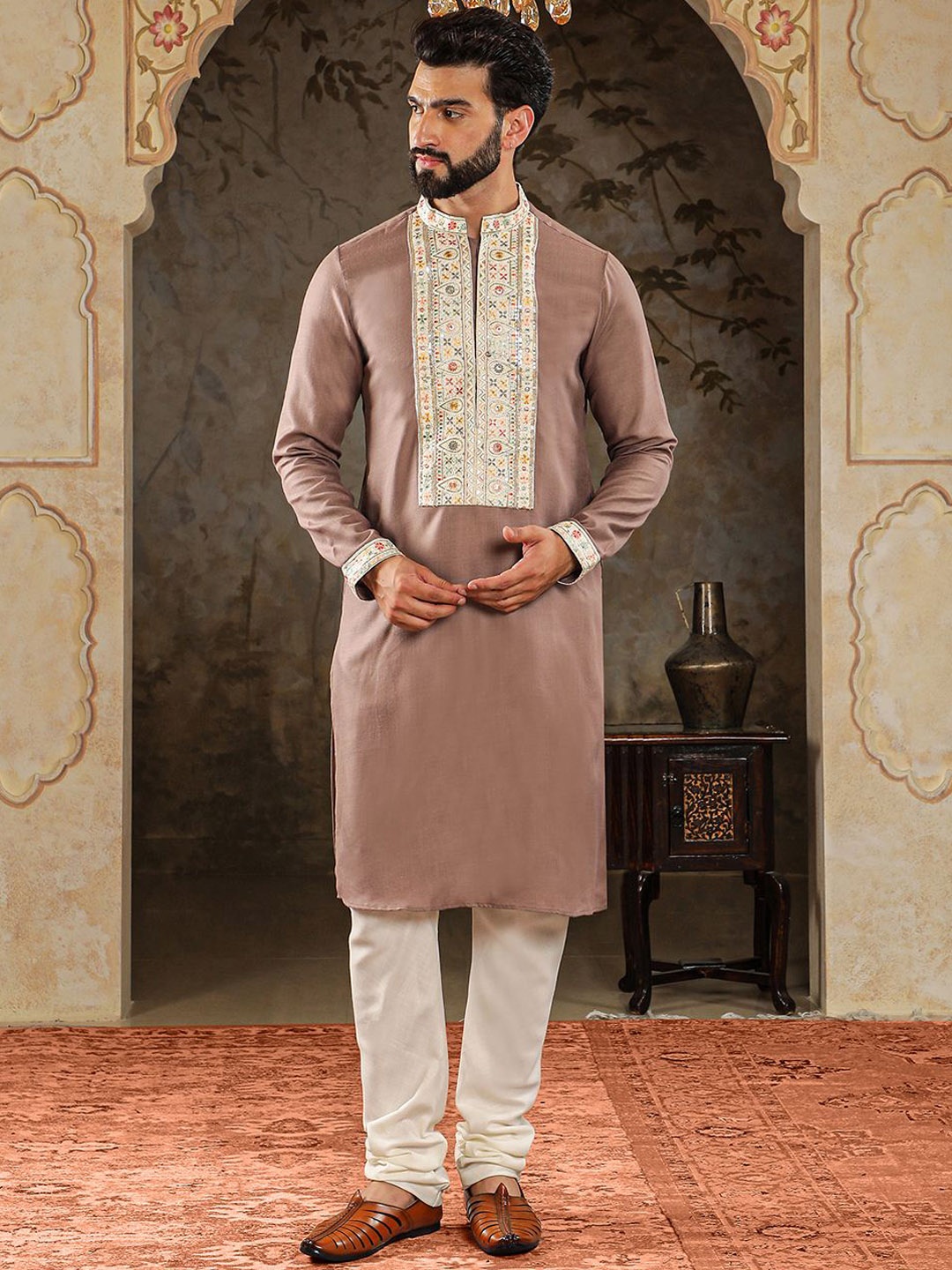 

HOUSE OF DEYANN Floral Yoke Design Sequinned Jacquard Weave Straight Kurta with Churidar, Purple