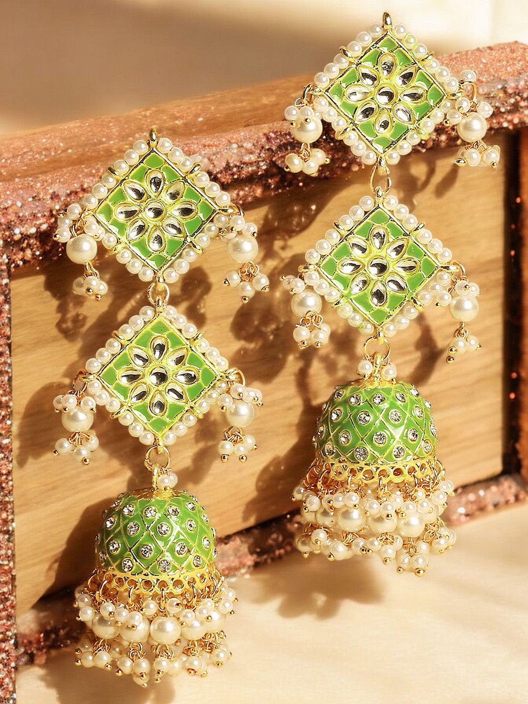 

OOMPH Dome Shaped Kundan & Pearls Beaded Meenakari Jhumkas, Green