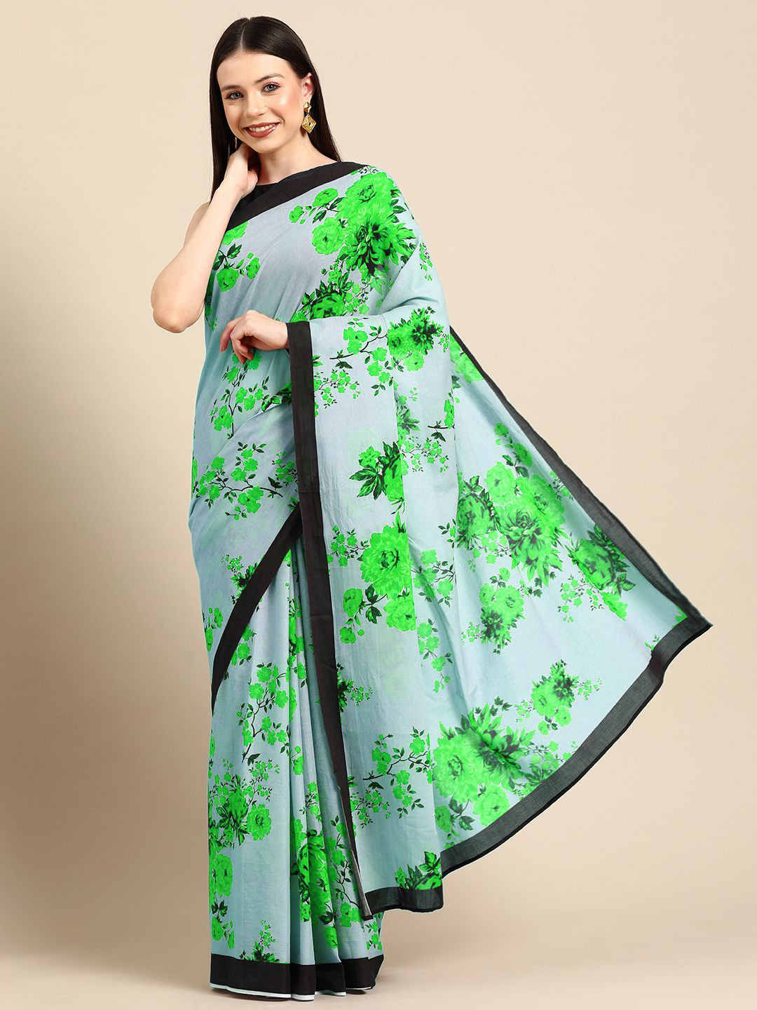 

BUTA BUTI Floral Printed Pure Cotton Saree, Green