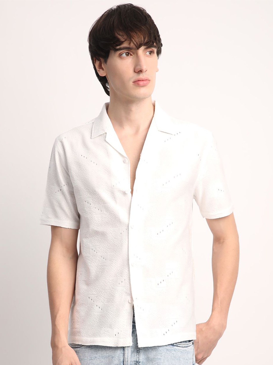 

Voroxy Men Smart Cuban Collar Textured Polycotton Casual Shirt, White