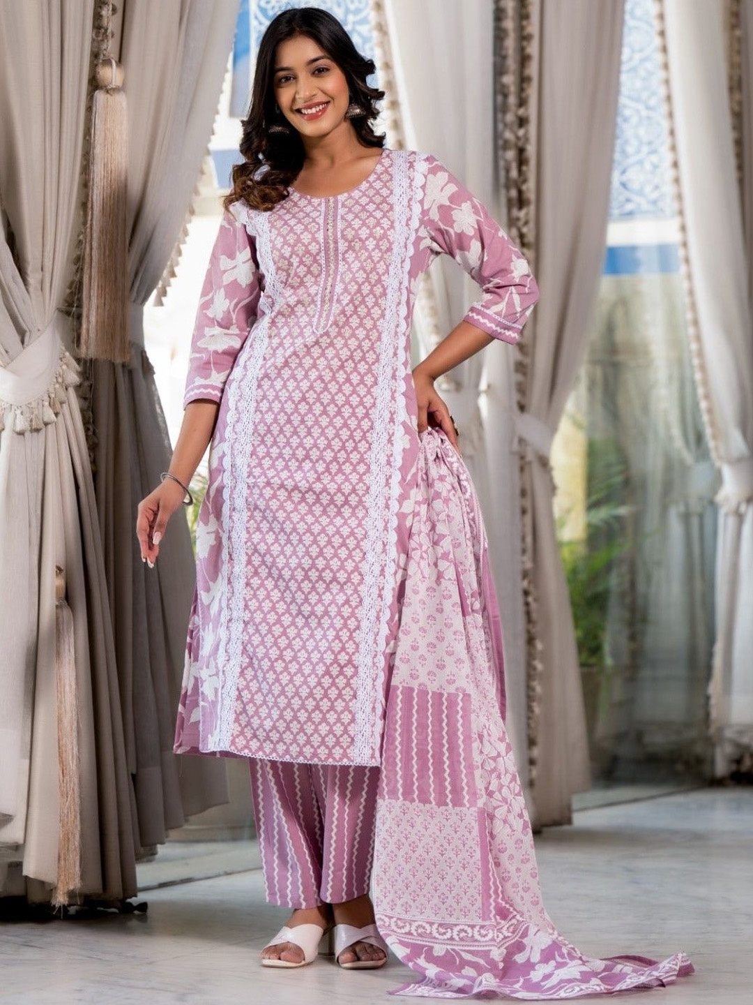 

AUTUMN LANE Floral Printed Thread Work Pure Cotton Kurta with Trousers & With Dupatta, Pink