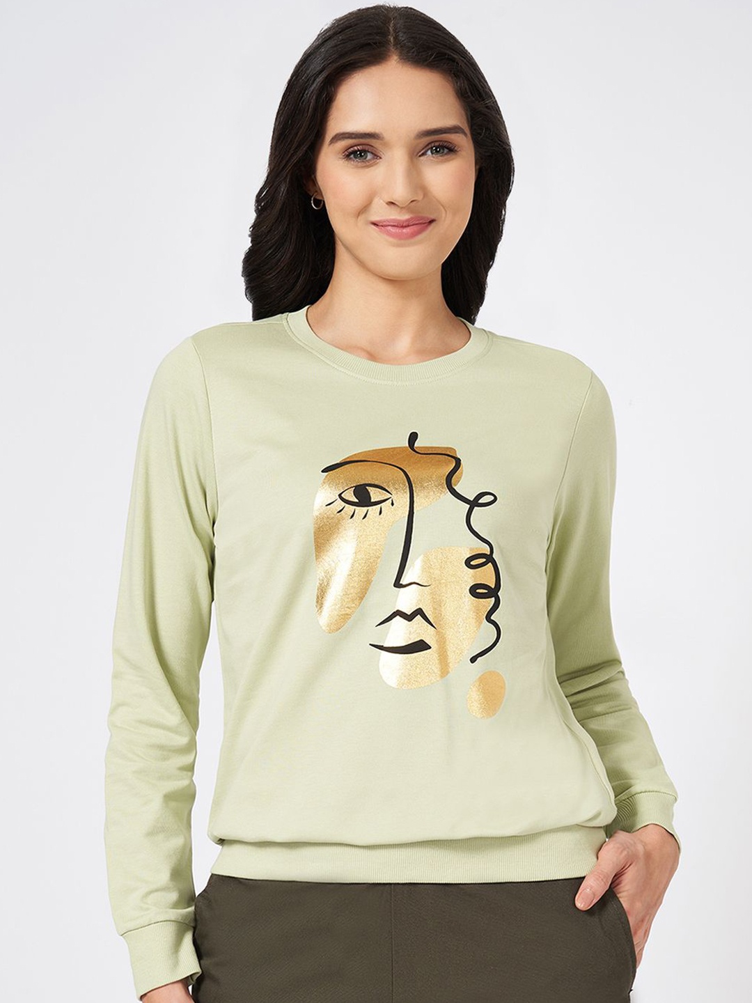 

Honey by Pantaloons Women Graphic Printed Round Neck Cotton Pullover Sweatshirt, Green