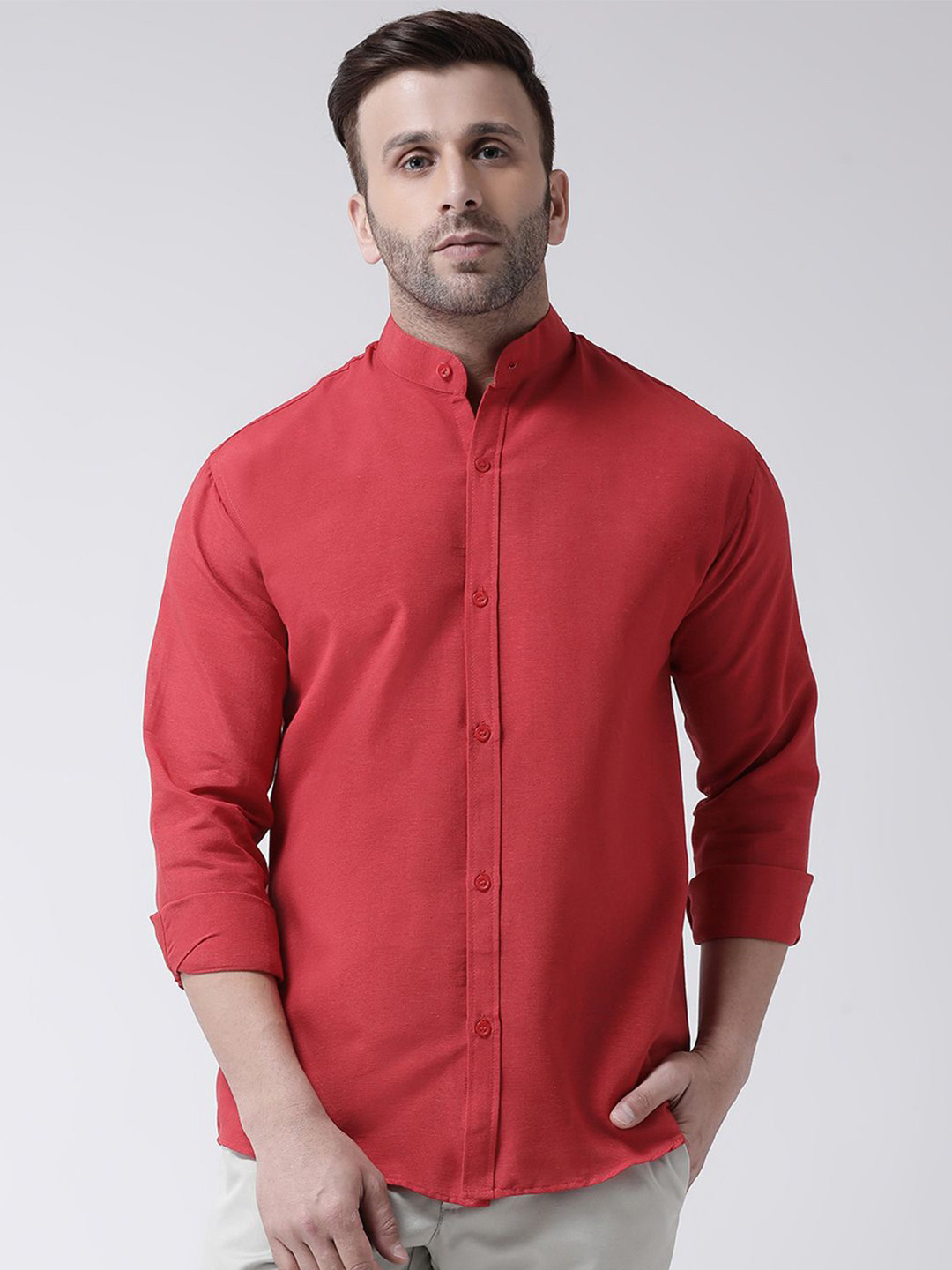 

KLOSET BY RIAG Men Classic Band Collar Solid Cotton Casual Shirt, Red
