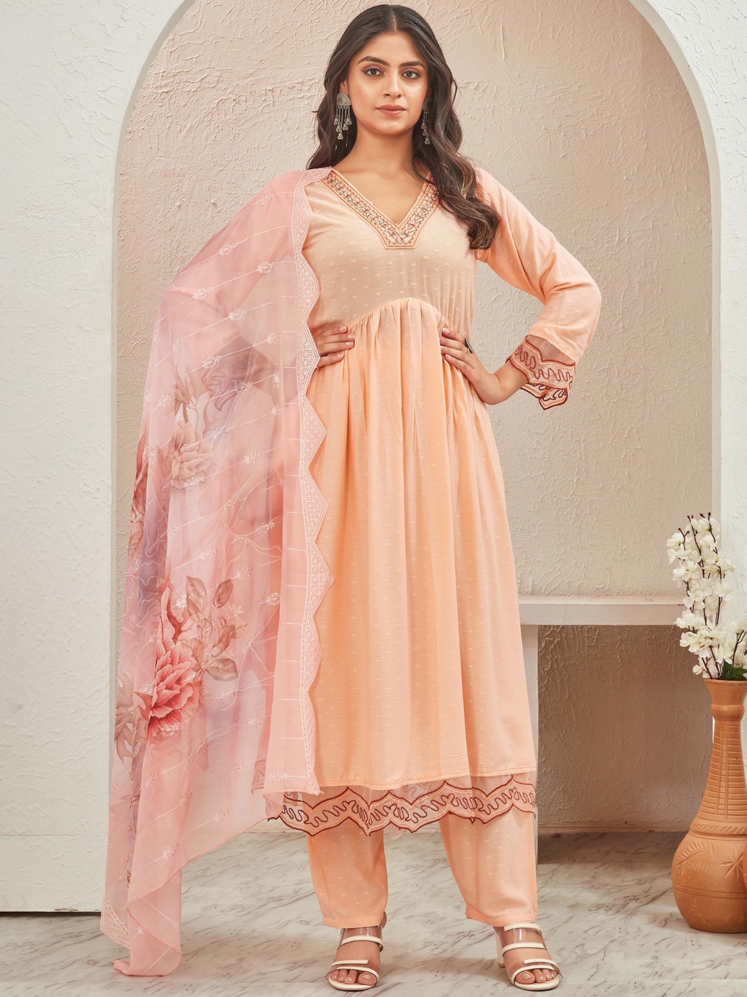 

TWINS LADY V Neck Straight Kurta & Trousers With Dupatta, Peach