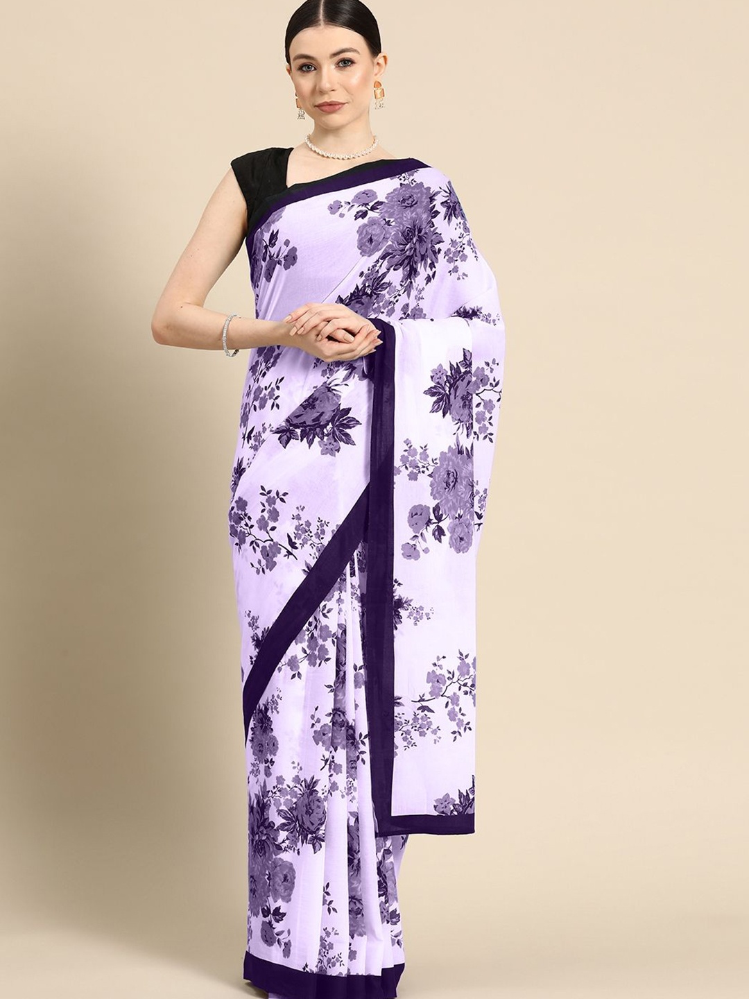 

BUTA BUTI Floral Printed Pure Cotton Saree, Lavender