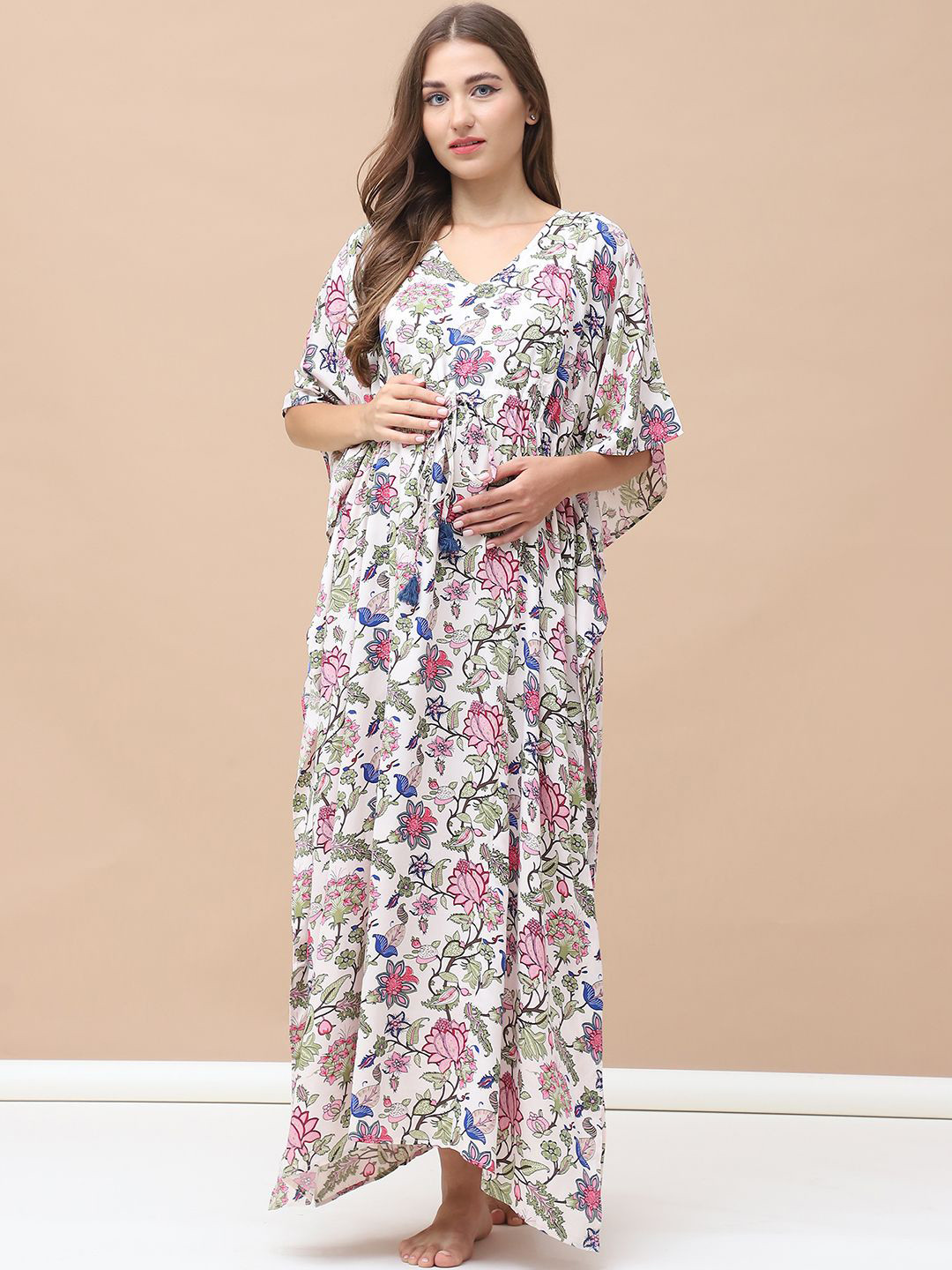 

Secret Wish Women Printed Maternity Kaftan Full Length Maxi Nightdress, White