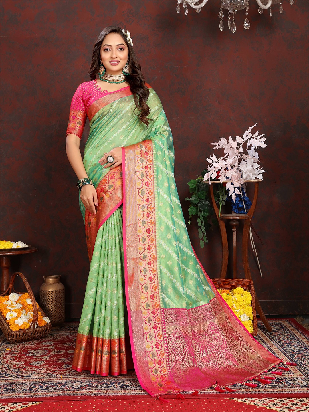

Zeekha Woven Design Zari Pure Silk Kanjeevaram Saree, Sea green