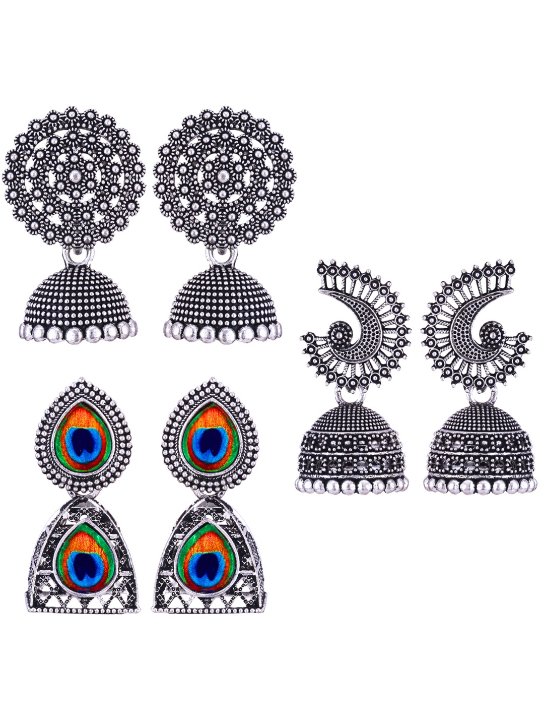 

DIVASTRI Set Of 3 Silver-Plated Stone Studded & Beaded Peacock Shaped Oxidised Jhumkas