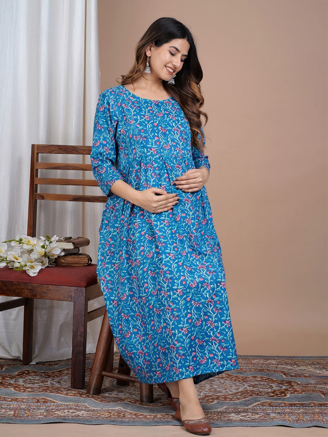 

BAESD Ethnic Motifs Printed Maternity Fit & Flare Dress, Blue