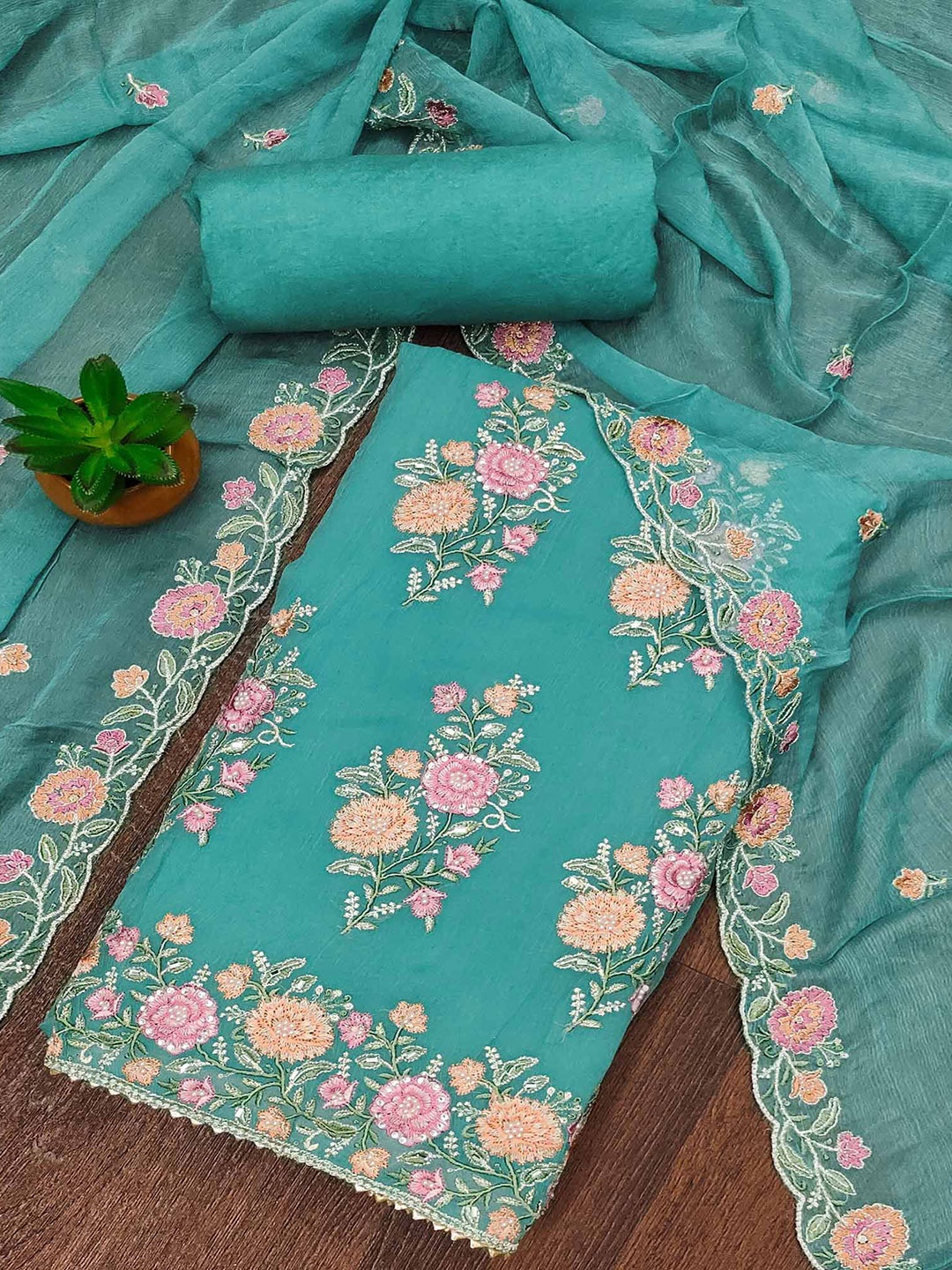 

Peachmode Floral Embroidered Silk Chiffon Unstitched Dress Material, Green
