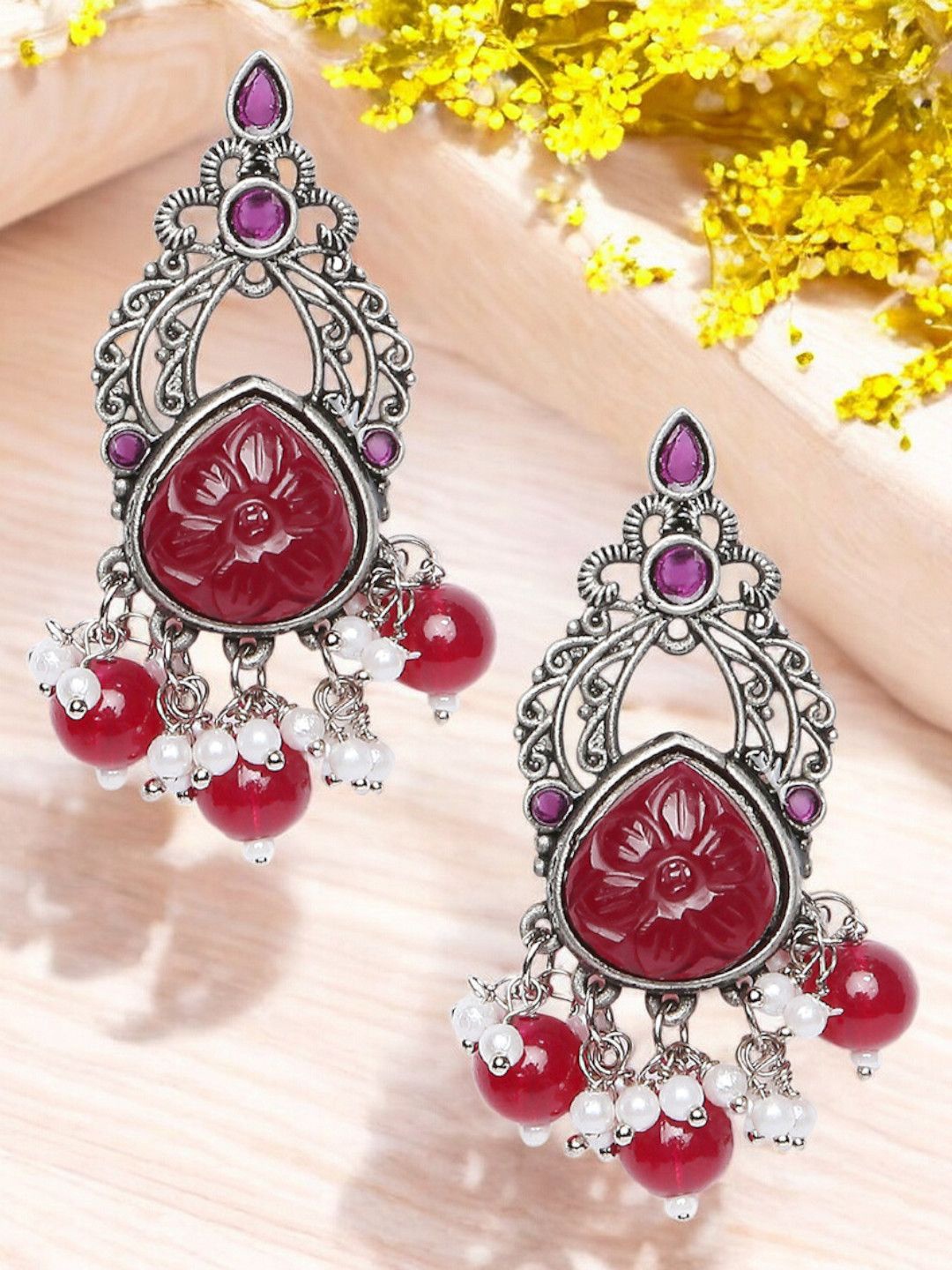 

OOMPH Stones Studded & Beaded Floral Drop Earrings, Silver