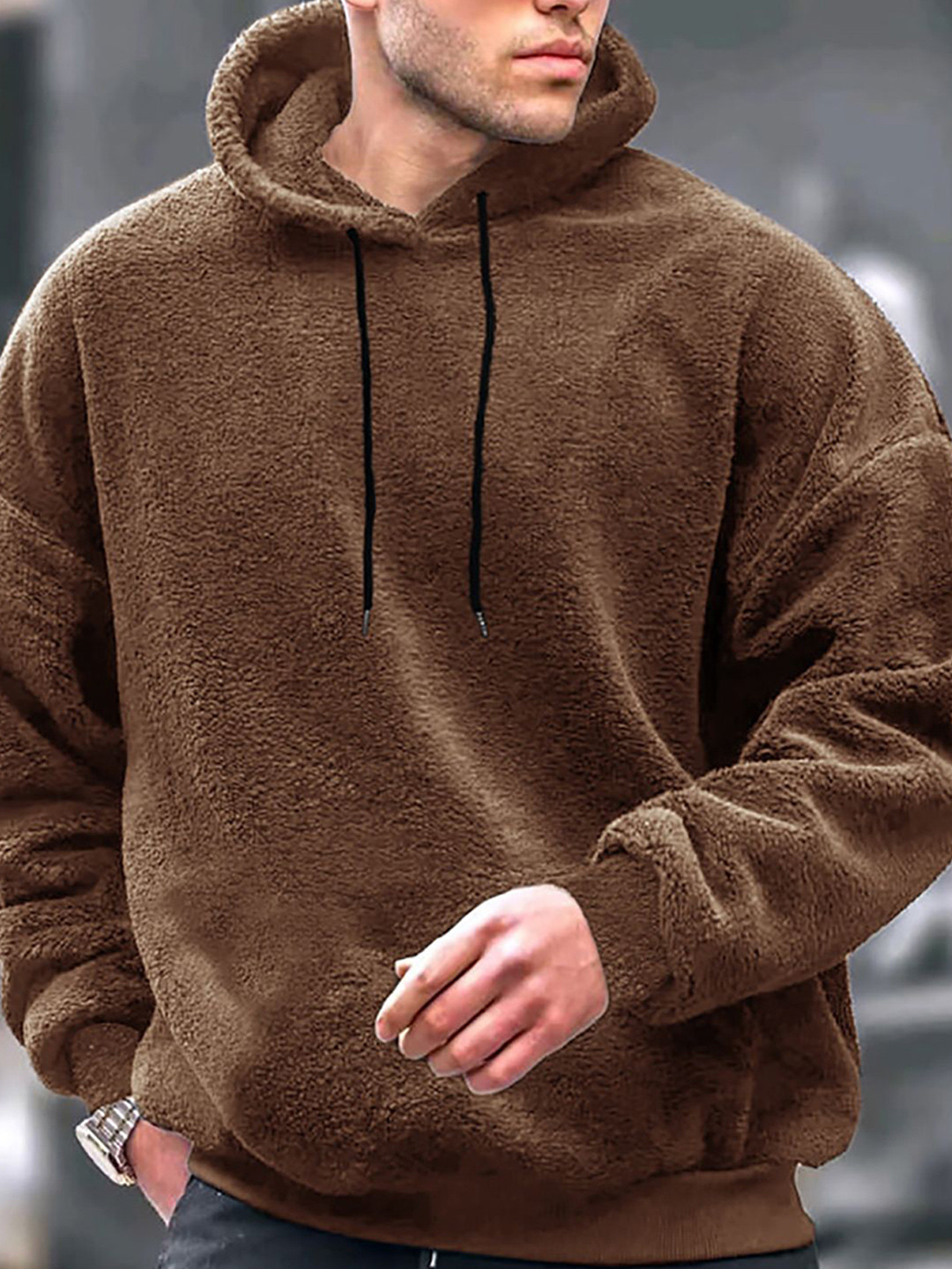 

StyleCast x Revolte Men Solid Hood Pullover Sweatshirt, Brown