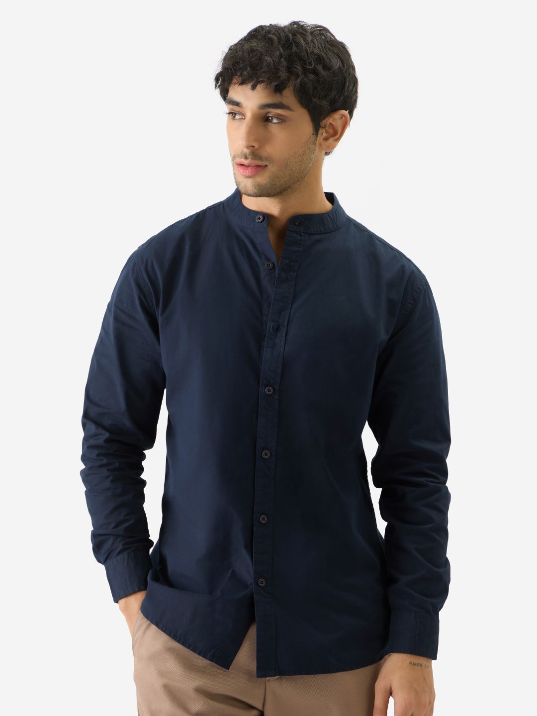 

The Souled Store Men Band Collar Solid Cotton Casual Shirt, Navy blue