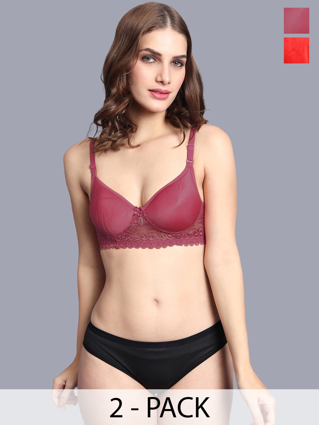 

AROUSY Pack Of 2 Lightly Padded Cotton Lingerie Set A_PD-Sett2, Red