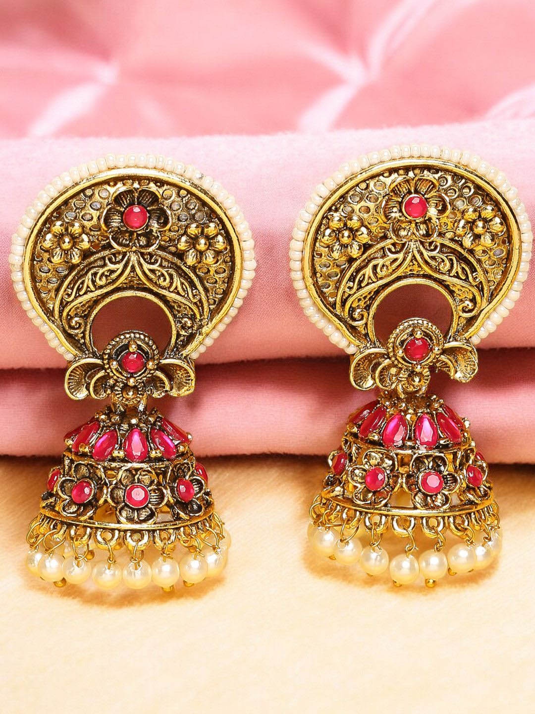

OOMPH Stones & Pearls Dome Shape Jhumkas, Gold