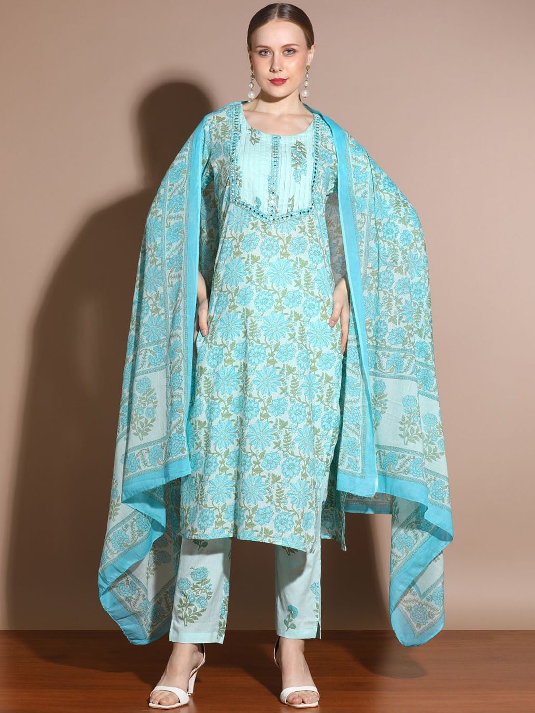 

Anouk Turquoise Blue Floral Printed Pure Cotton Straight Kurta & Trouser & Dupatta