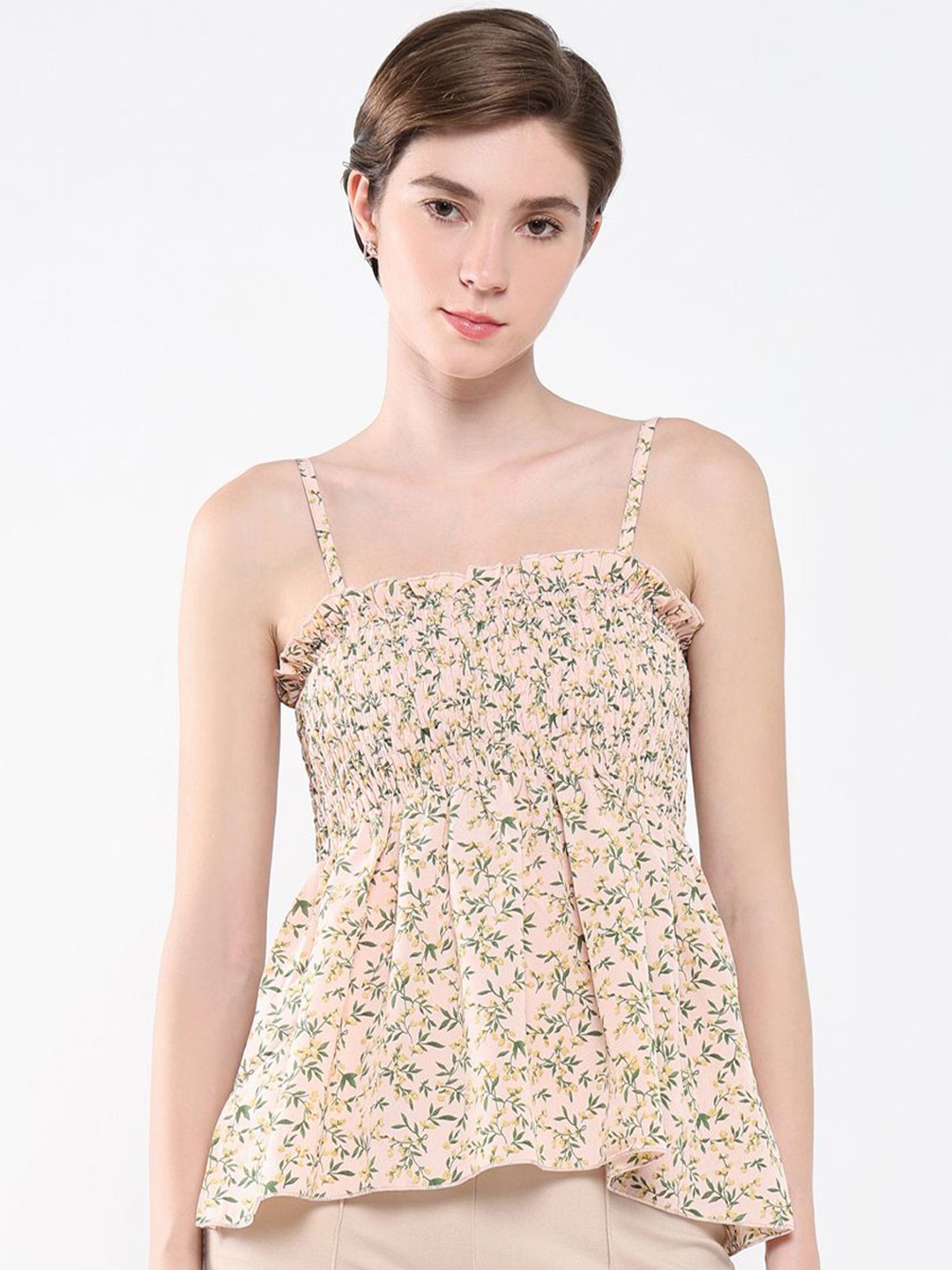 

SHOWOFF Women Floral Print Shoulder Straps Peplum Top, Peach