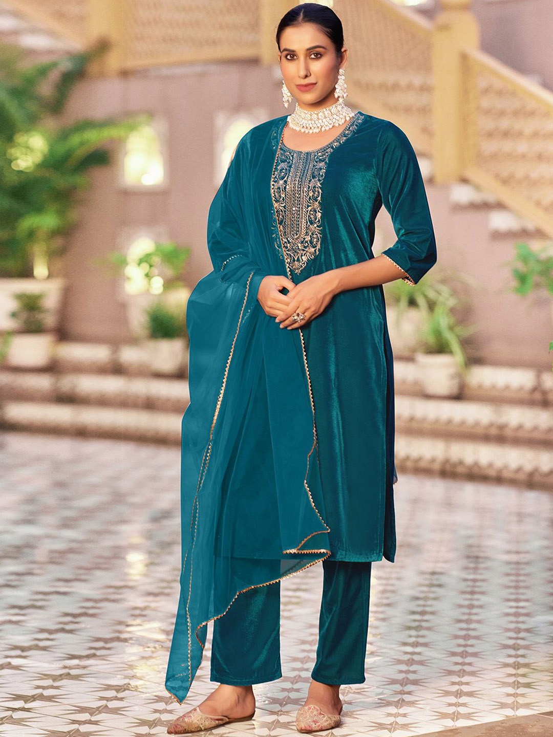 

KALINI Floral Embroidered Zari Velvet Straight Kurta with Trousers & Dupatta, Blue