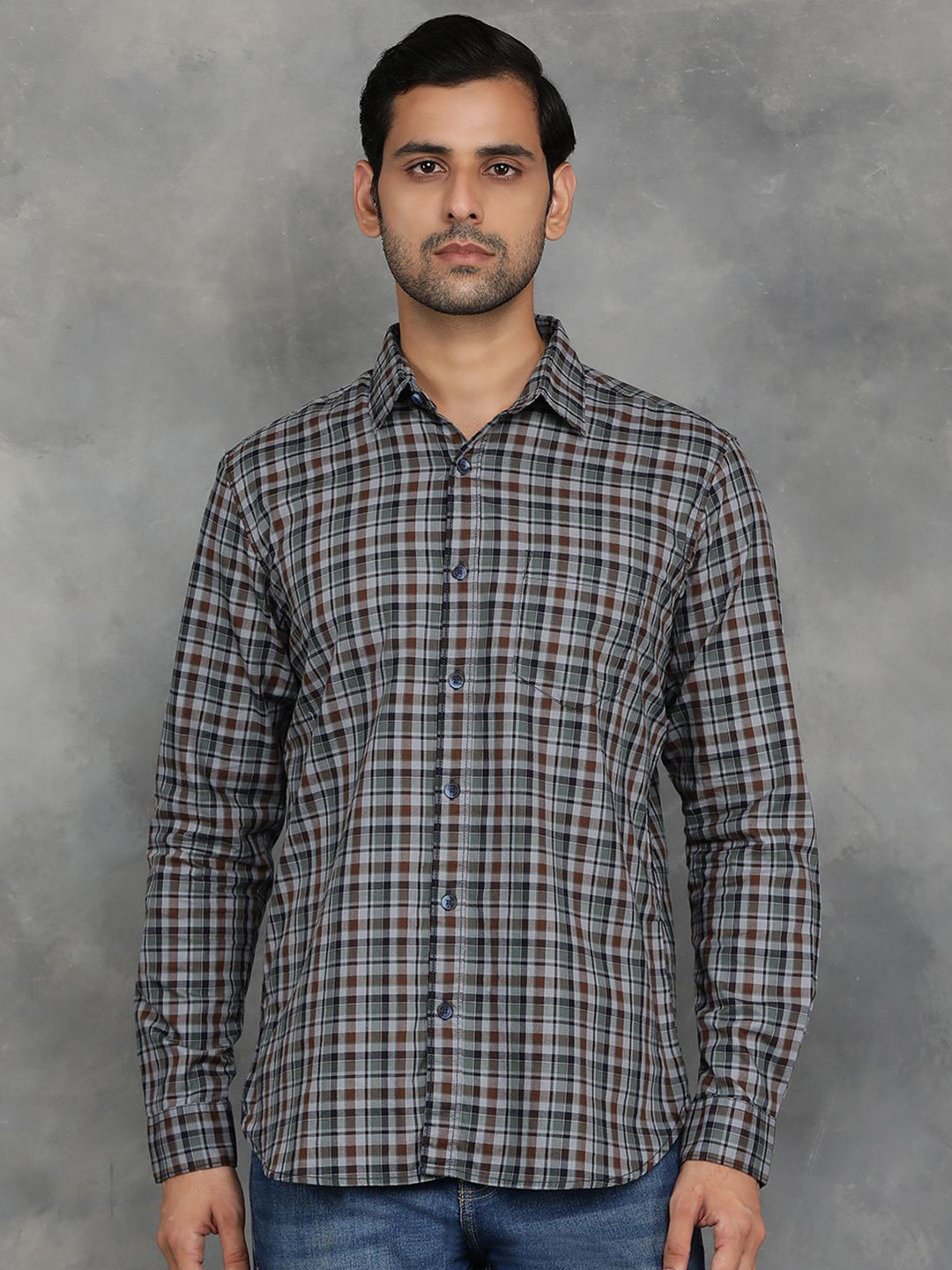 

JADE BLUE Men Spread Collar Micro Checked Cotton Slim Fit Casual Shirt, Green