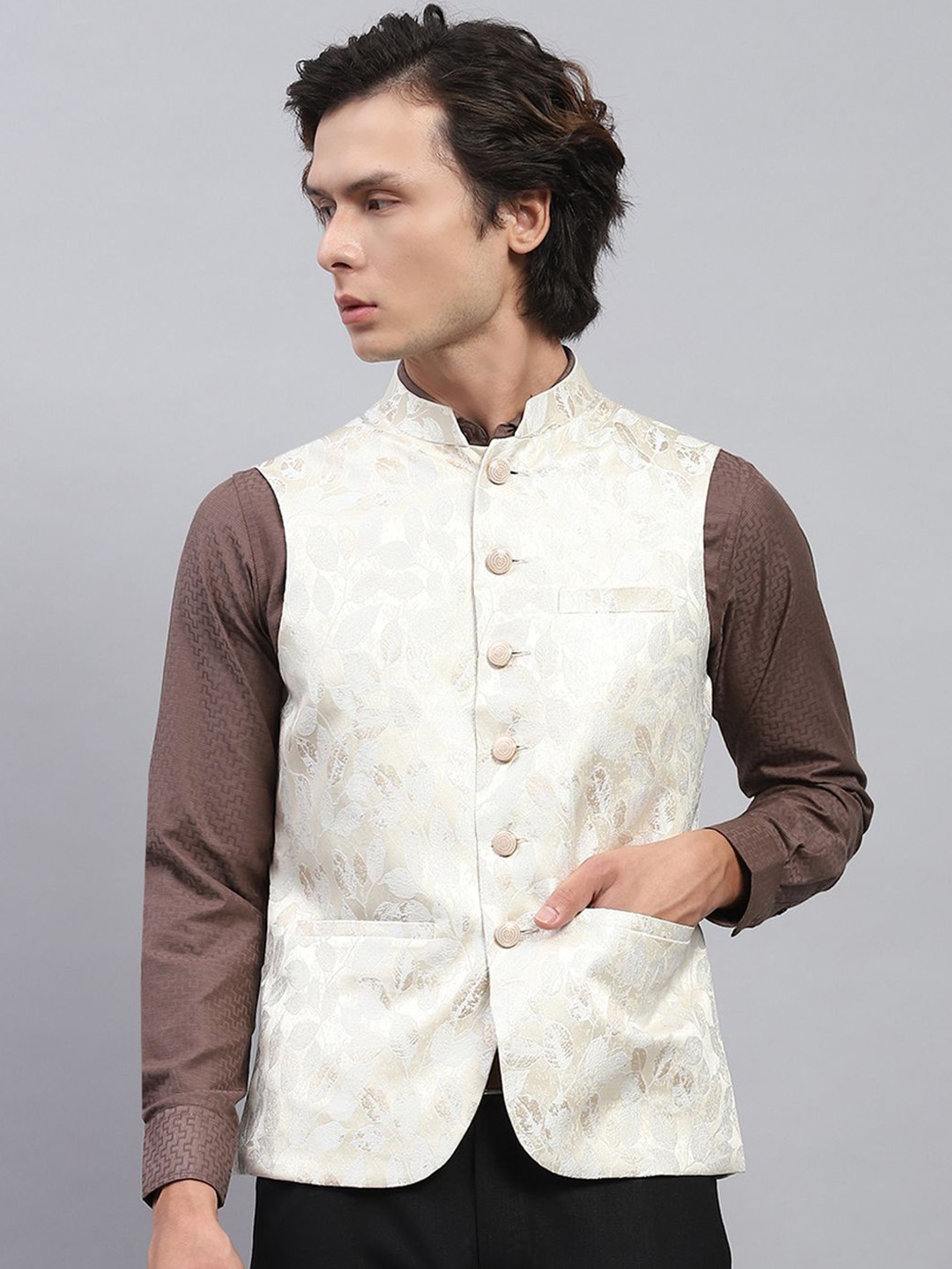 

Monte Carlo Floral Woven Design Mandarin Collar Nehru Jacket, Cream