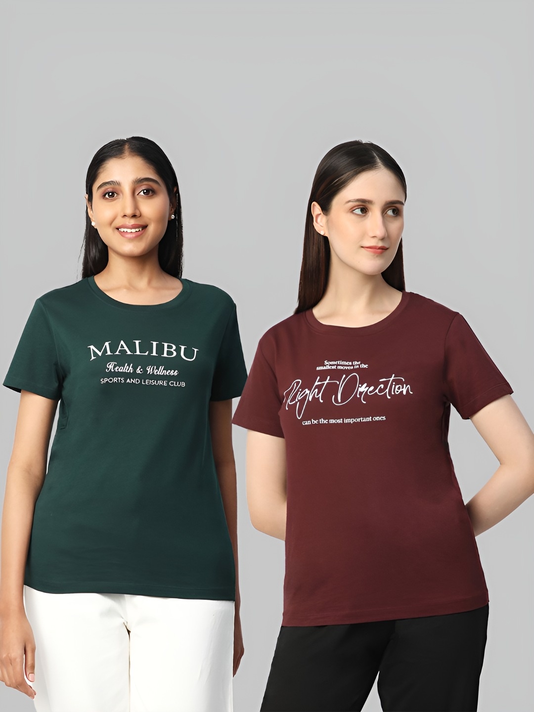 

R&B Women Pack Of 2 Typography Printed Round Neck Cotton T-shirts, Green