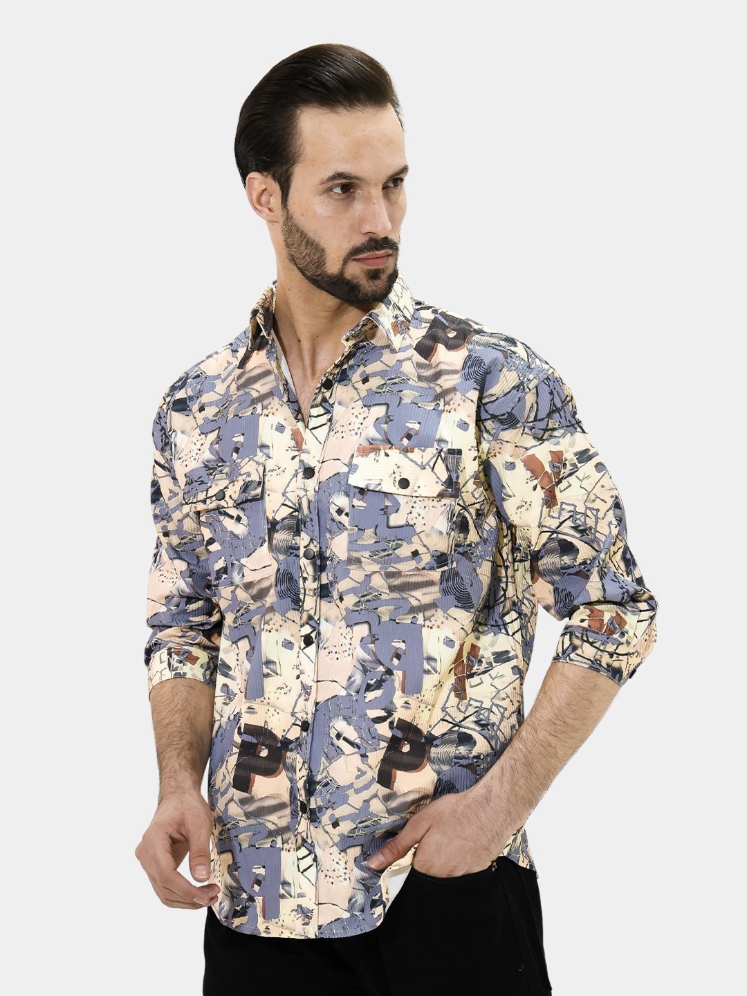 

BOTABOCHI Men Classic Spread Collar Abstract Printed Cotton Oversized Party Shirt, Beige