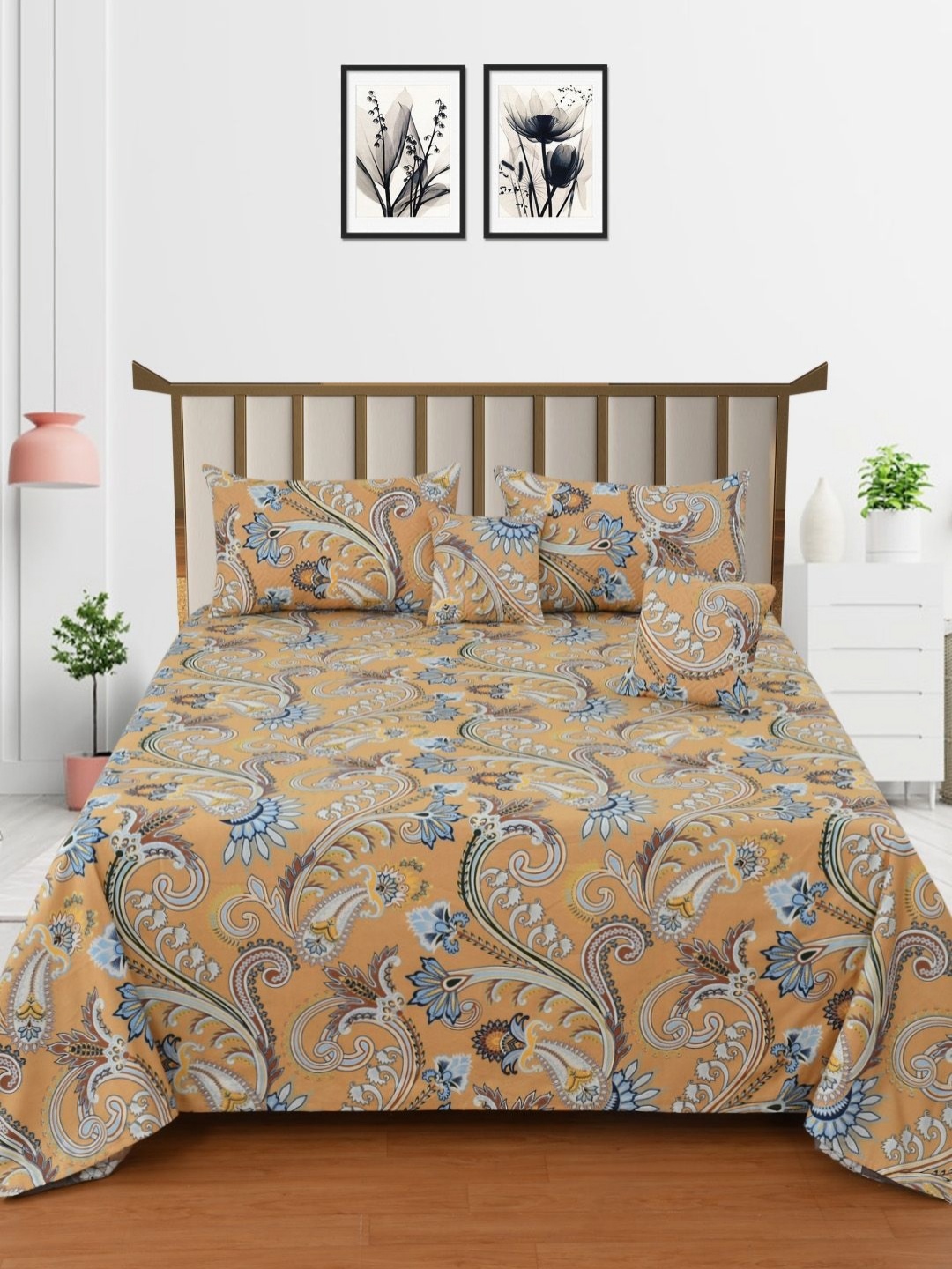 

MORADO Mustard Yellow & White Floral Double Queen Superfine Bedding Set