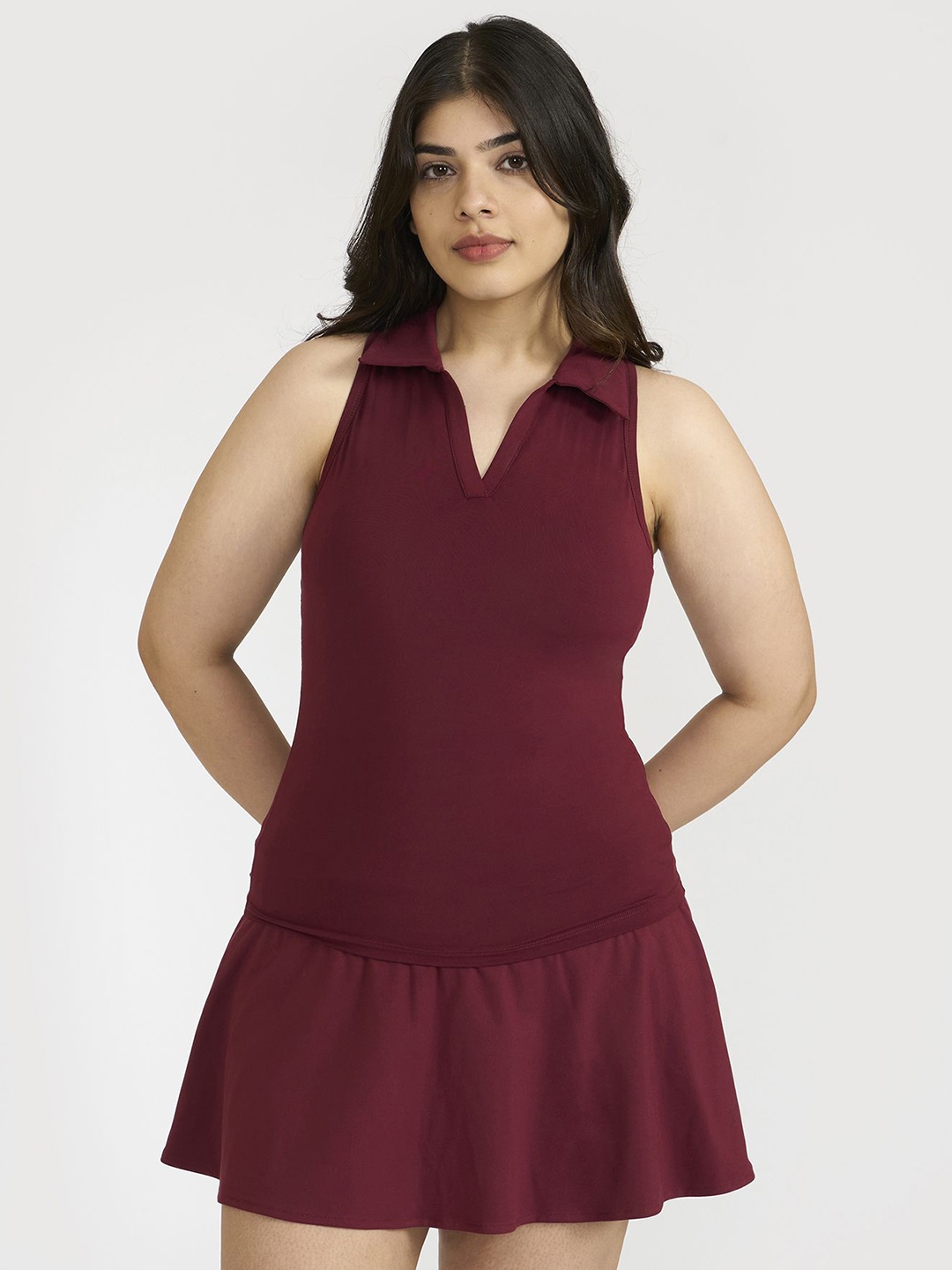 

HUNNIT Polo Neck Peplum Tank Top with Inbuilt Sports Bra, Maroon