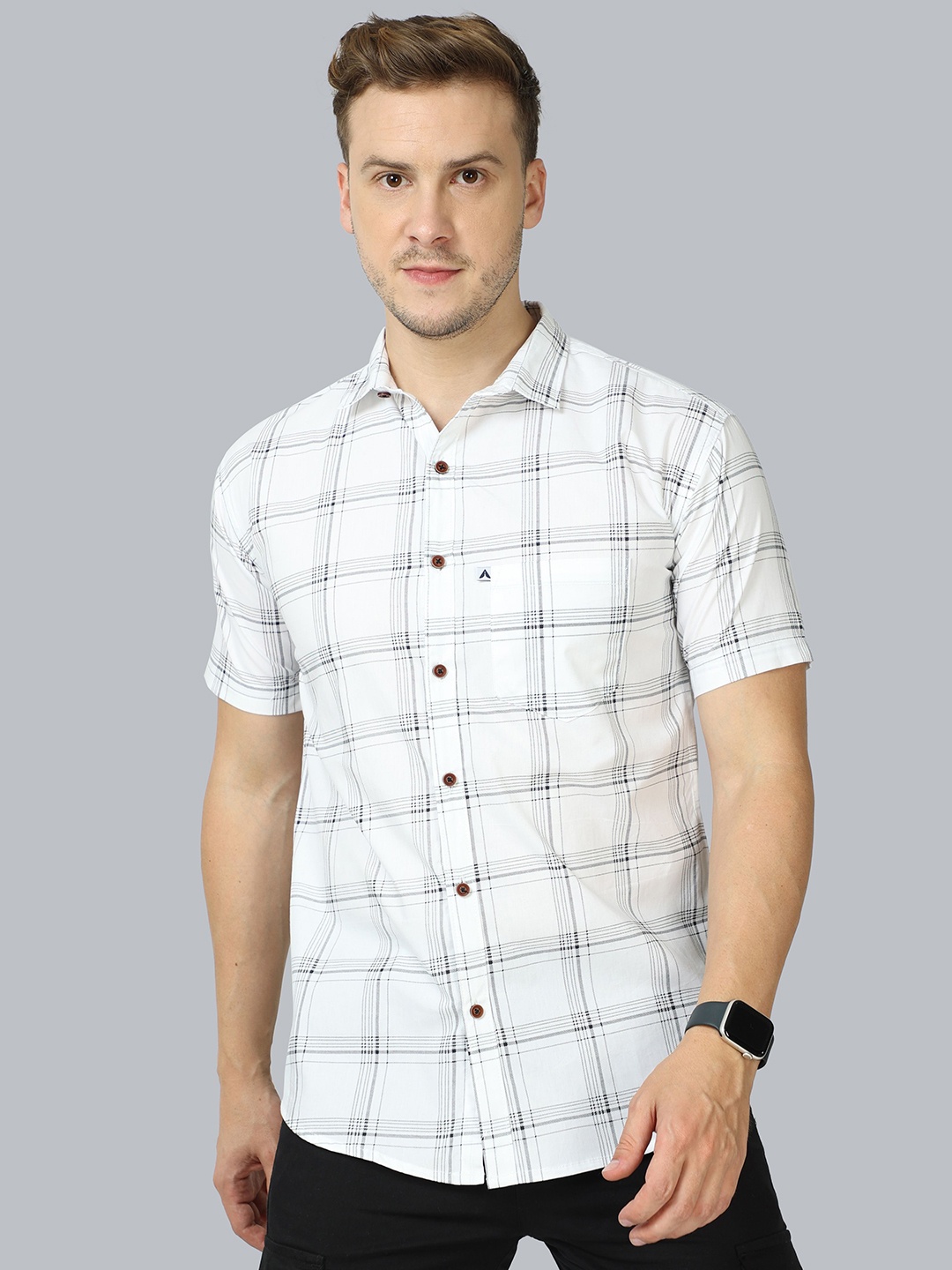 

AIDAN PAUL Men Comfort Spread Collar Gingham Checked Cotton Casual Shirt, White