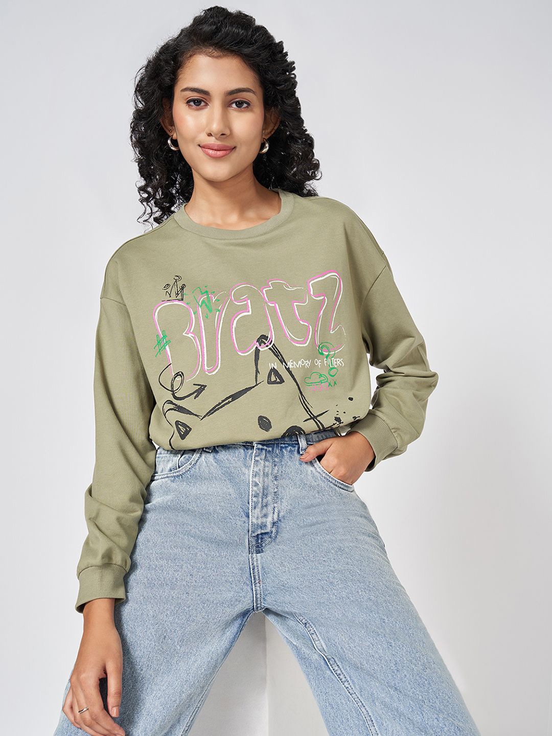 

People Women Graphic Printed Round Neck Cotton Pullover Sweatshirt, Green