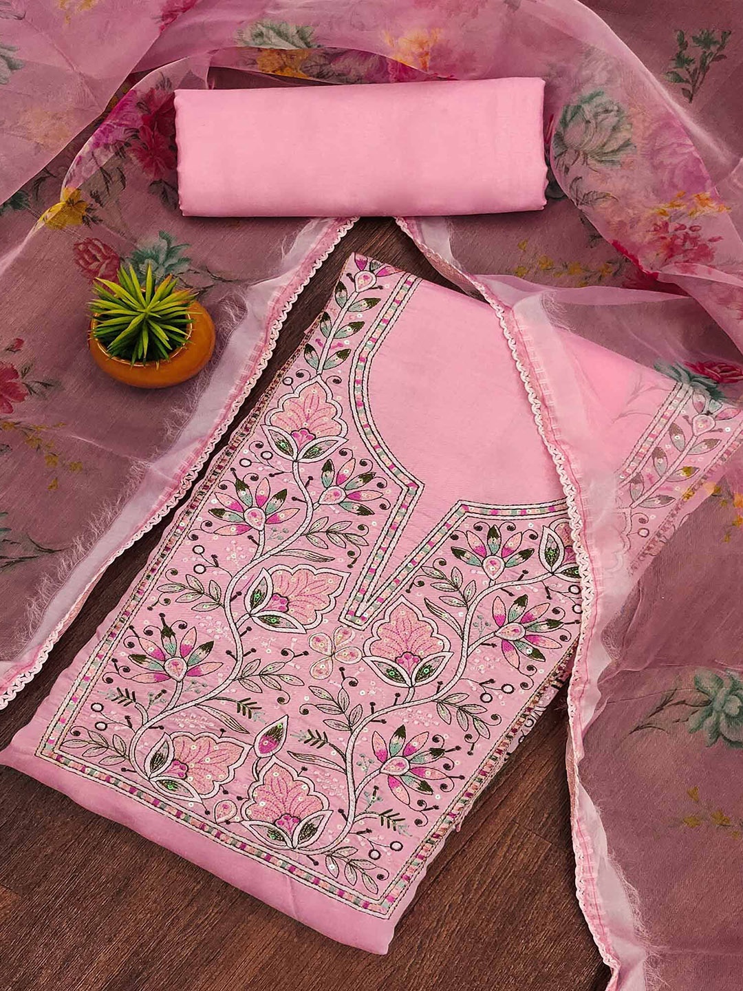 

Peachmode Embroidered Thread Work Unstitched Dress Material, Pink