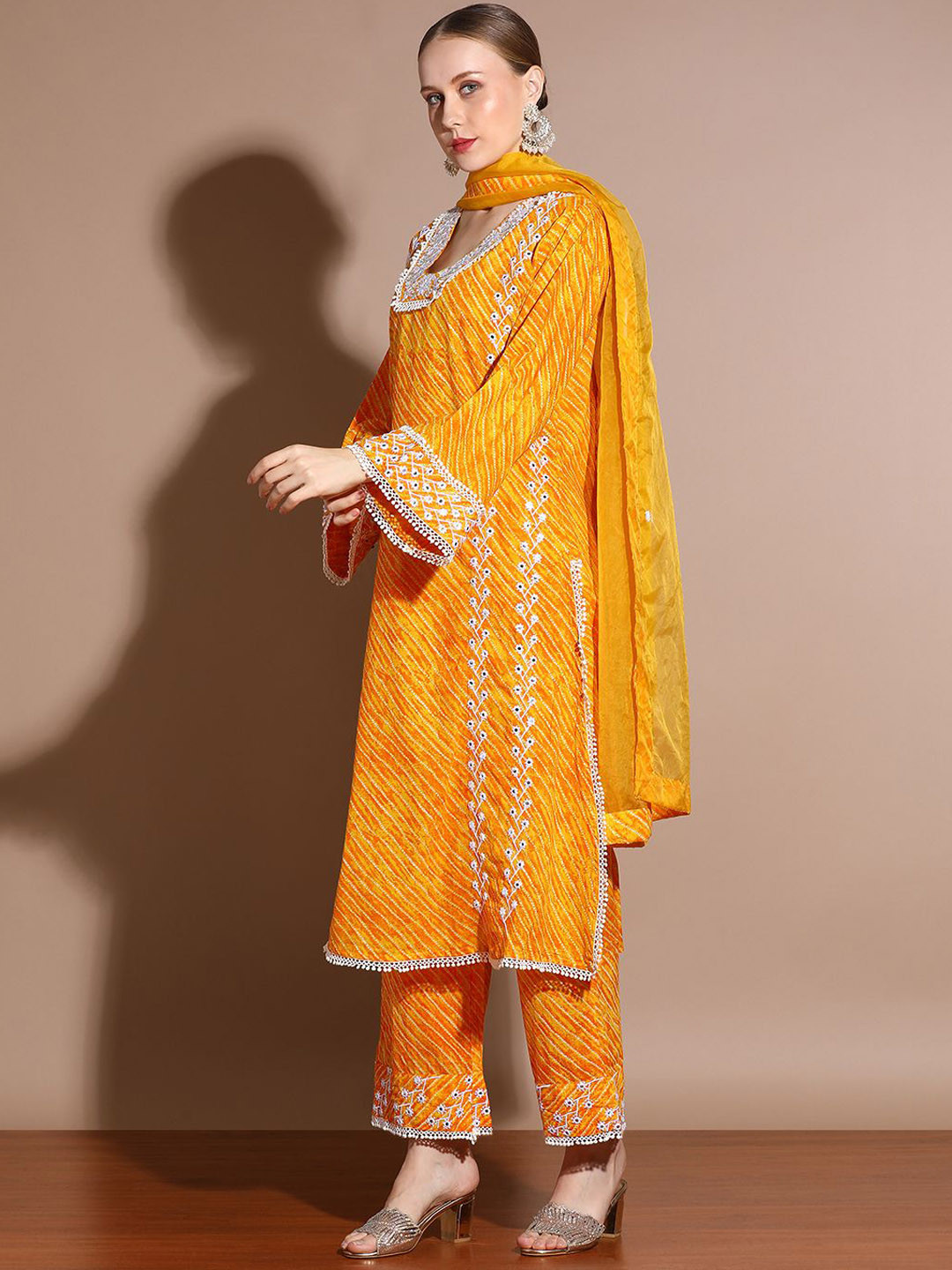 

Anouk Yellow Floral Embroidered Pure Cotton Straight Kurta With Palazzo & Dupatta