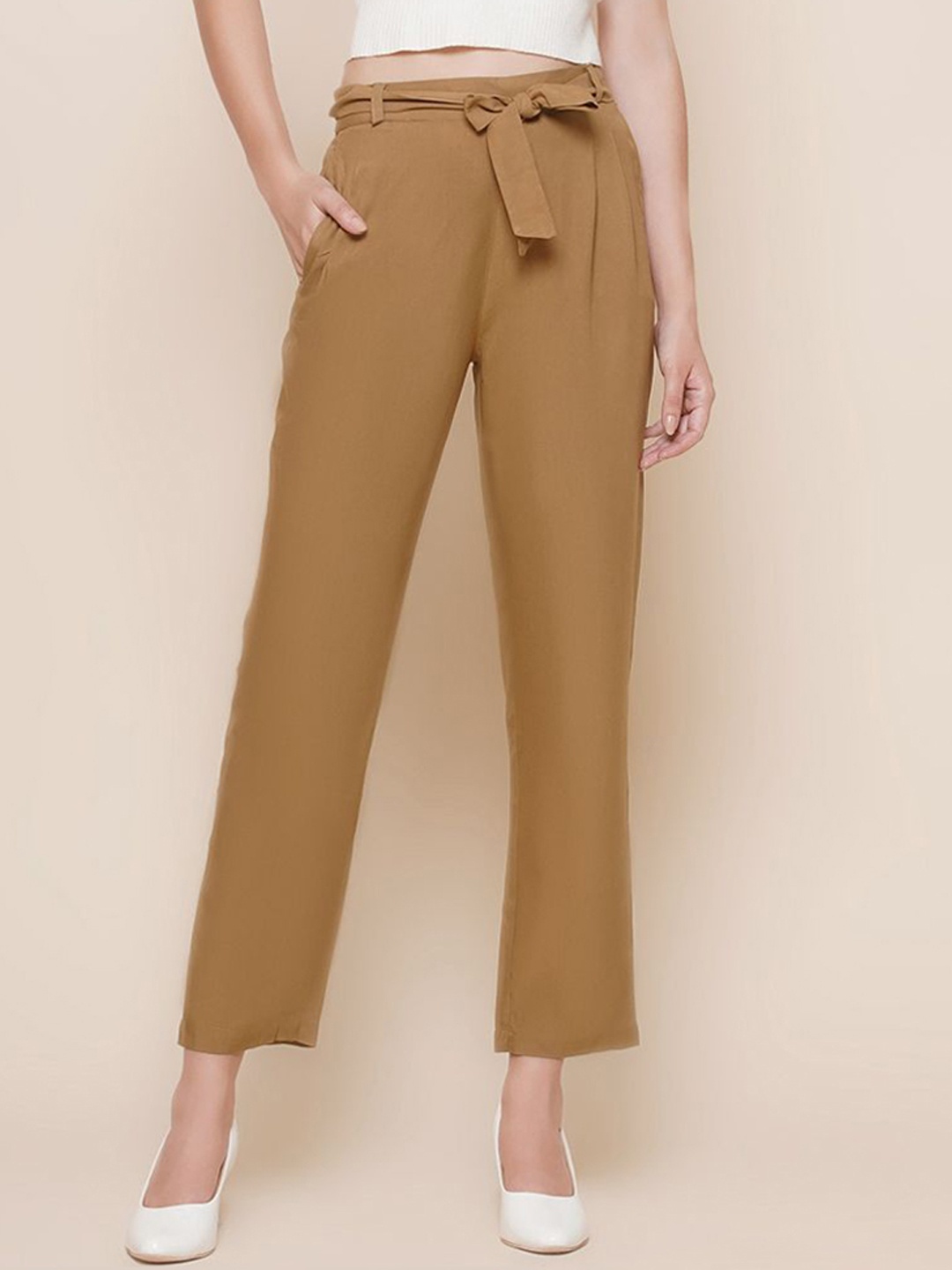 

KATLINE Women Relaxed Fit Trousers With Bow Belt, Brown