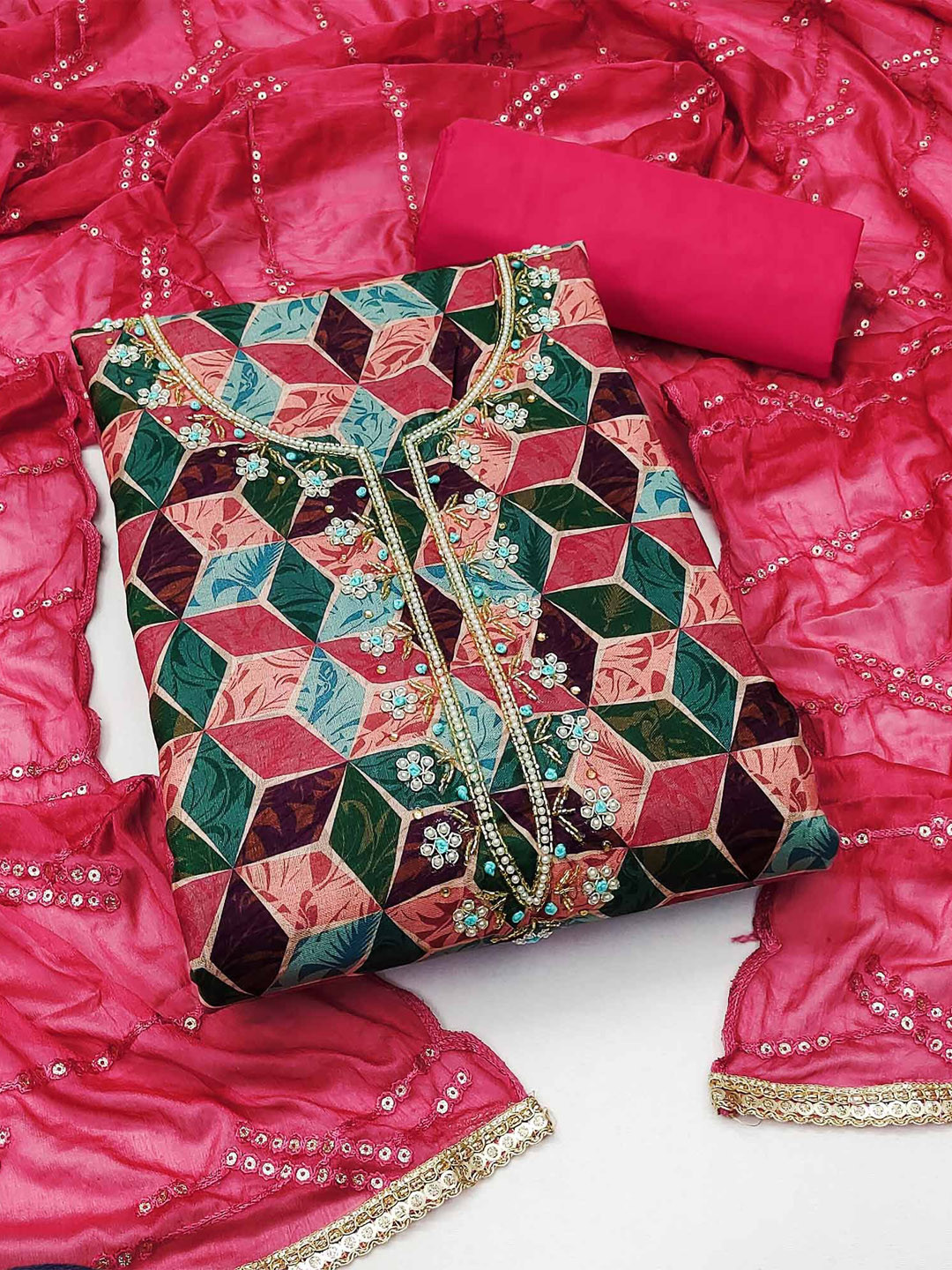 

Peachmode Geometric Printed Beads and Stones Pure Cotton Unstitched Dress Material, Pink