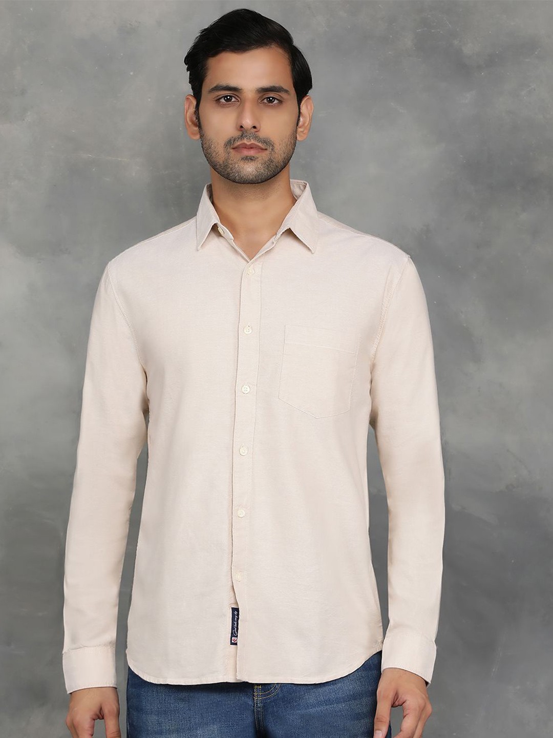 

Greenfibre Men Spread Collar Solid Cotton Slim Fit Casual Shirt, Beige