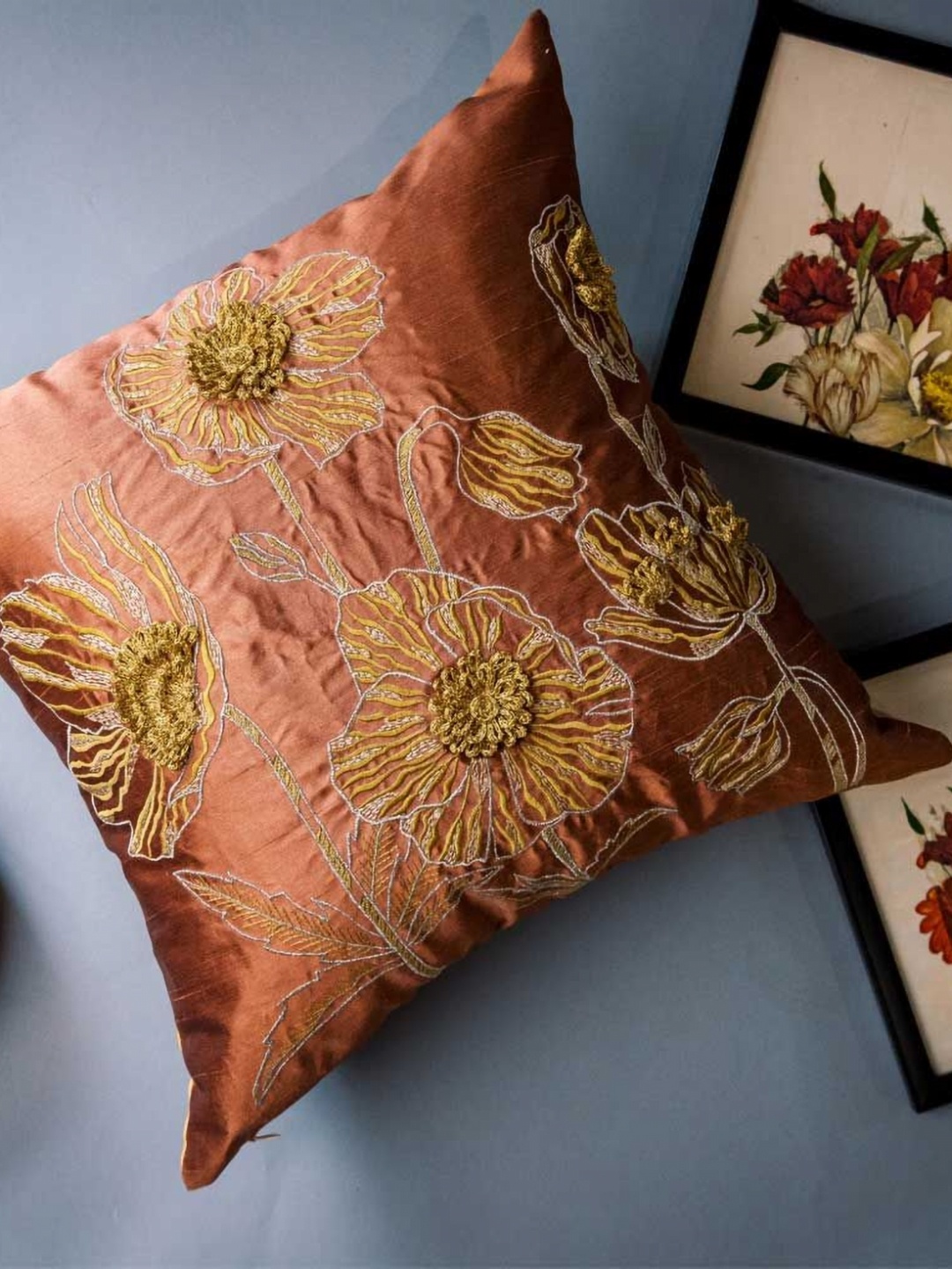 

ALCOVE Rust & Gold Toned Floral Embroidered Velvet Square Cushion Cover